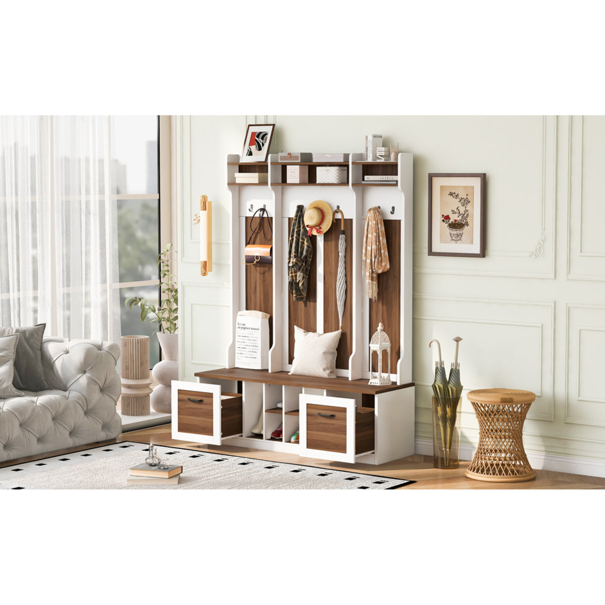 variant-group:rf-n724p235232d|Roomfitters 5-in-1 Entryway Bench with Coat Rack, Hooks, Drawers and Adjustable Shelves, Hall Tree for Hallway or Living Room, Brown+White