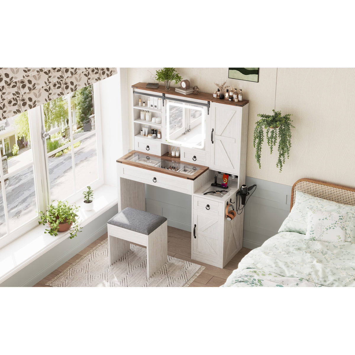 variant-group:rf-n733p340562k|Roomfitters Farmhouse Vanity Desk with Sliding Mirror & Lights, Glass Top, Charging Station, 4 Drawers, 2 Cabinets, Stool, White