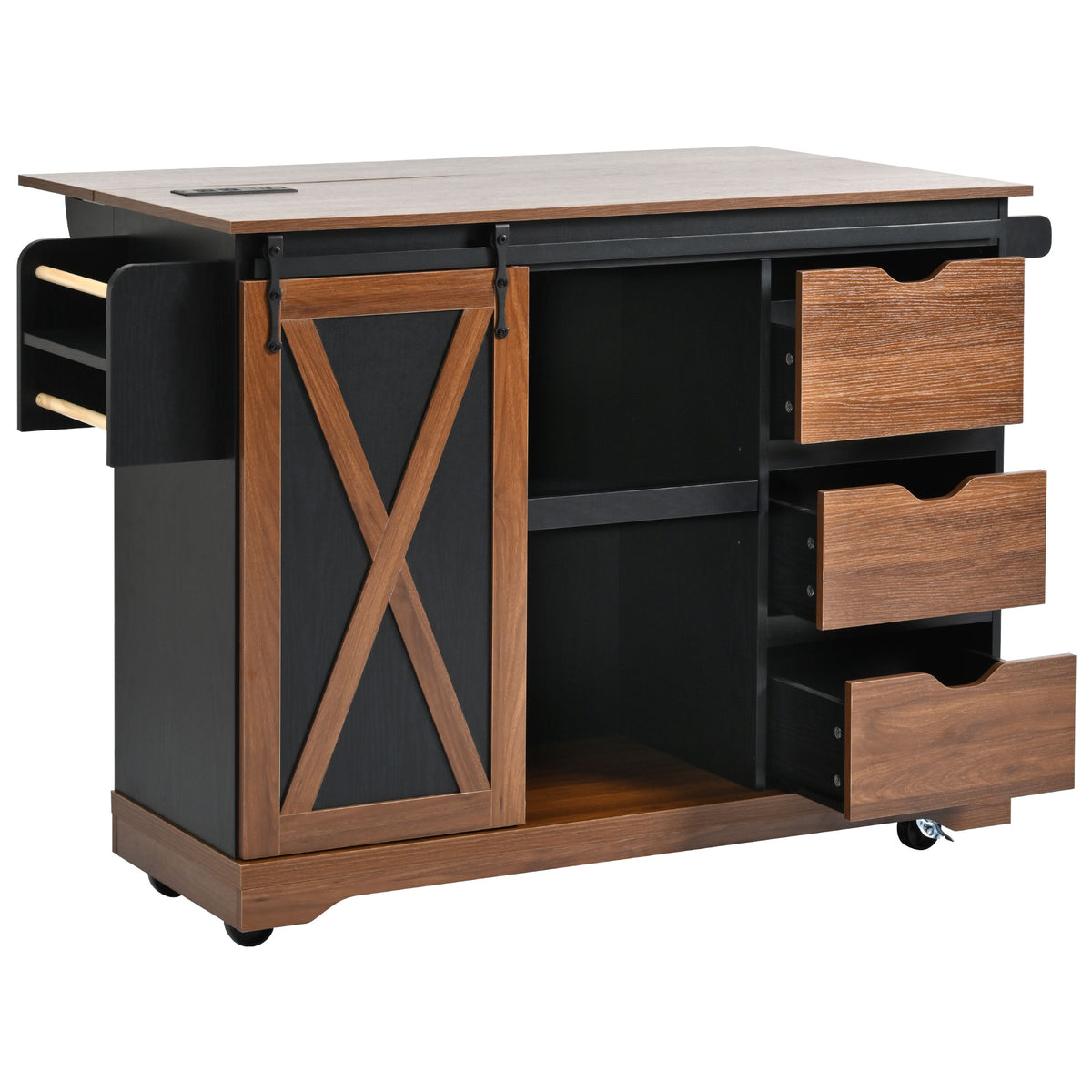variant-group:rf-n707p288229b|Roomfitters 55.5" Rolling Kitchen Island with Drop Leaf, Mobile Kitchen Storage Cart with Sliding Barn Door, Power Outlets, Black