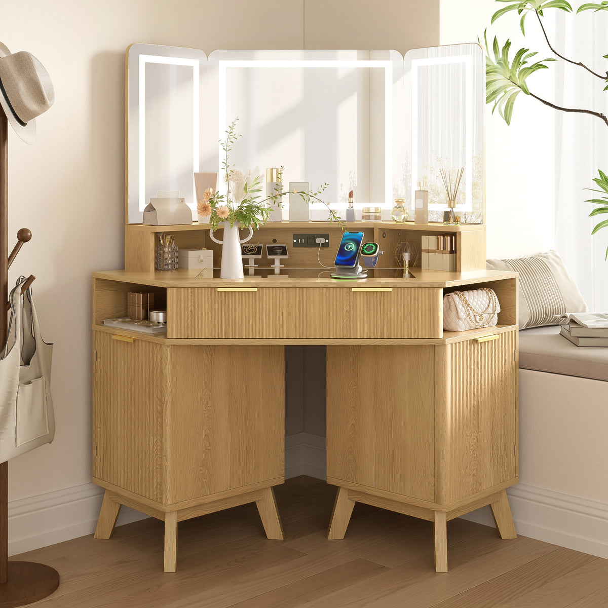 variant-group:rf-n704p392485n|Roomfitters 47.2" Corner Makeup Vanity Desk with 3-Panel LED Mirror, Glass Top, Charging Station and Storage Hutch, Oak
