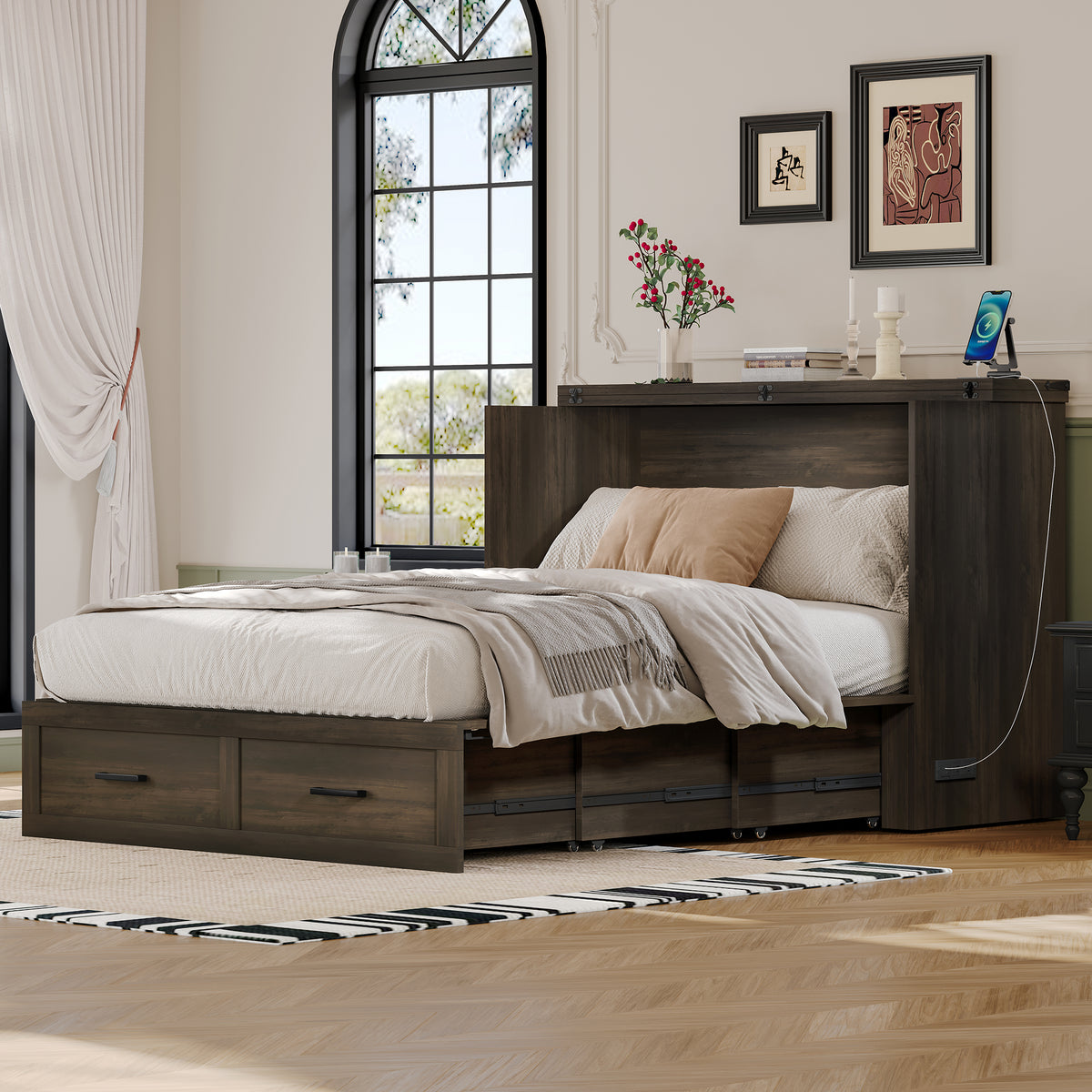 variant-group:rf-n733s237853g|Roomfitters Full Size Farmhouse Murphy Cabinet Bed with Charging Station, Foldable Platform Bed with Large Storage for Guest Room, Small Bedroom, Rustic Gray