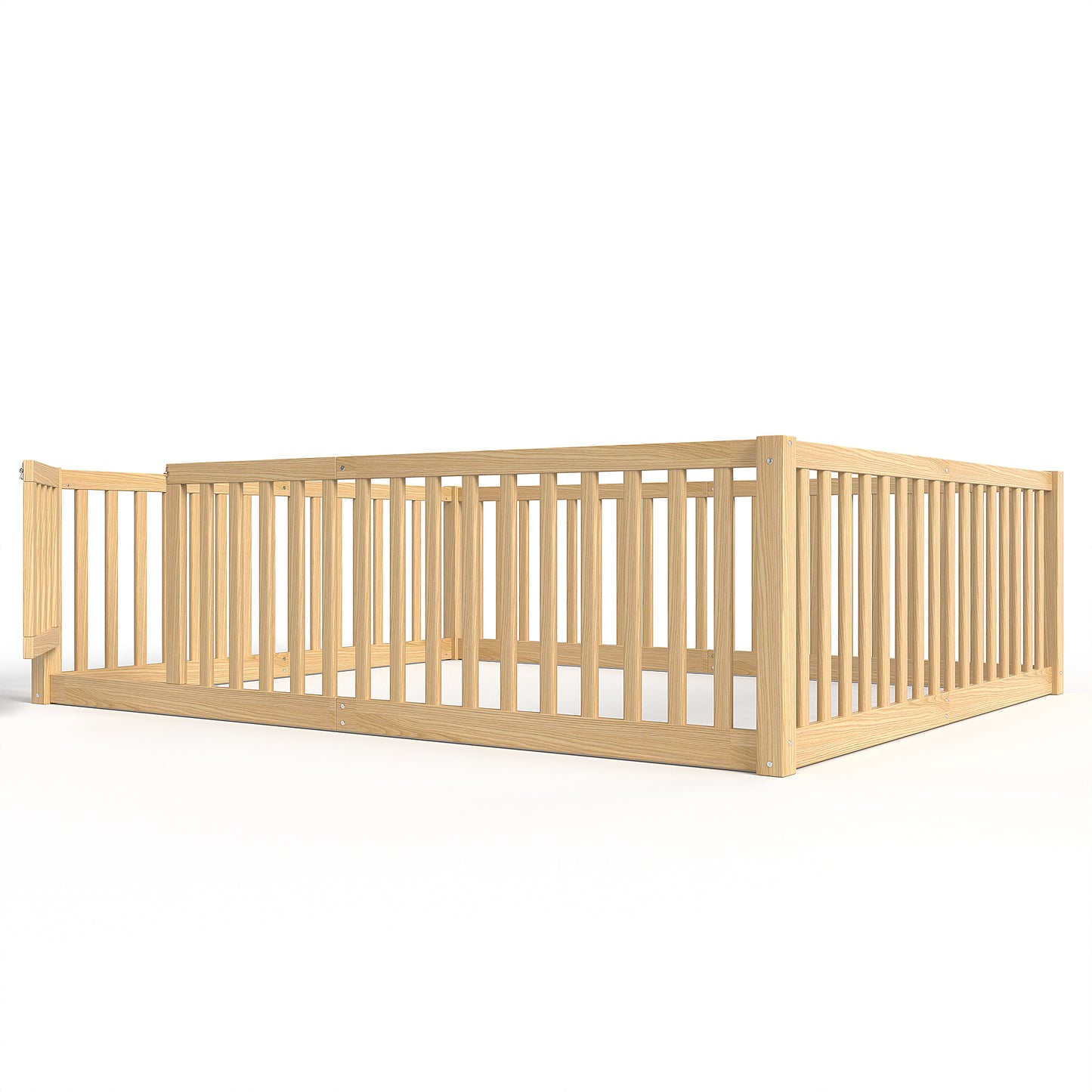 variant-group:rf-w1580p417673|Roomfitters Queen Size Wooden Floor Bed with Safety Guardrails Door, Solid Wood Low Profile Toddler Bed Frame, Natural