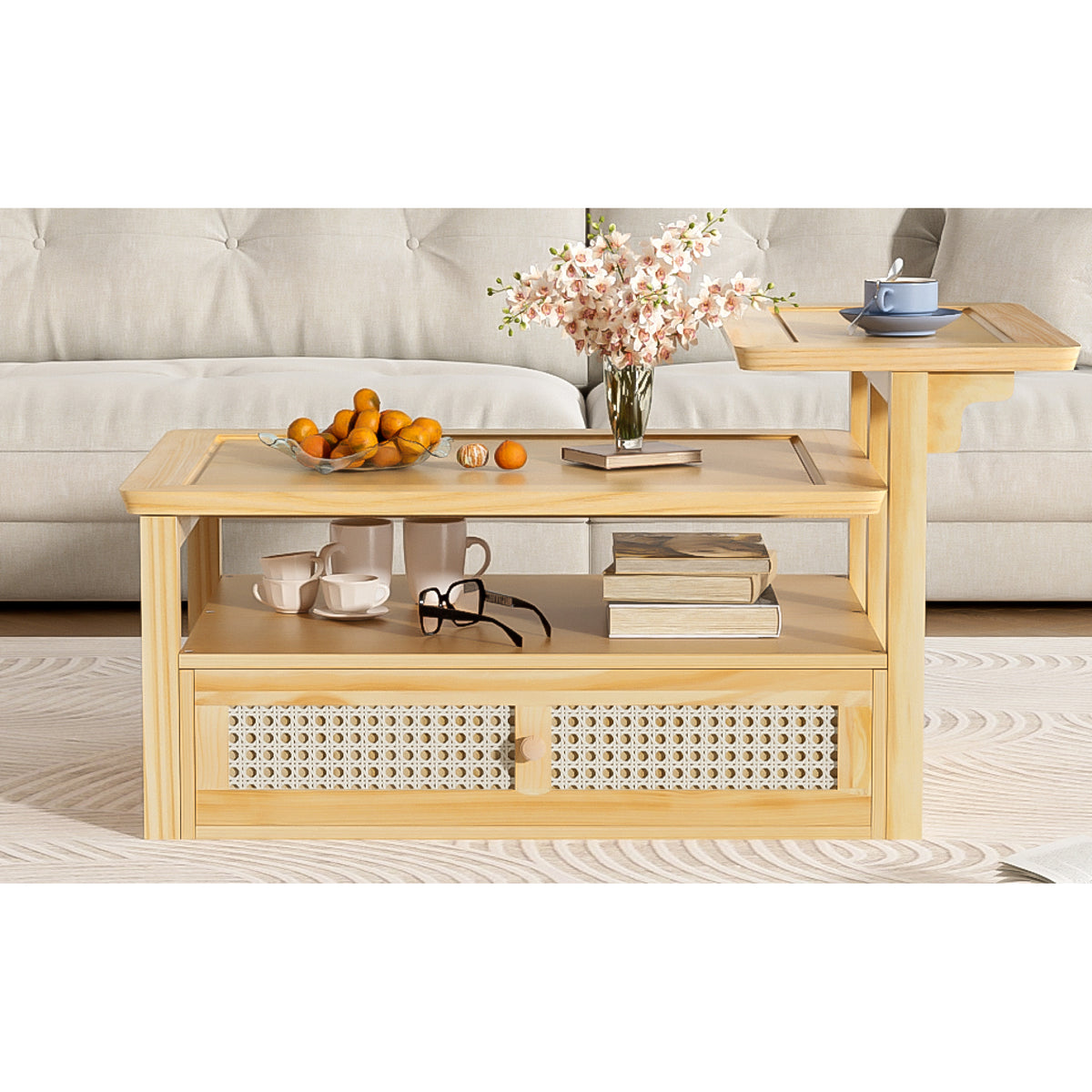 variant-group:rf-n724p232190n|Roomfitters Modern Coffee Table with Open Shelf, Dual Tabletops and Rattan Accent Storage, Natural