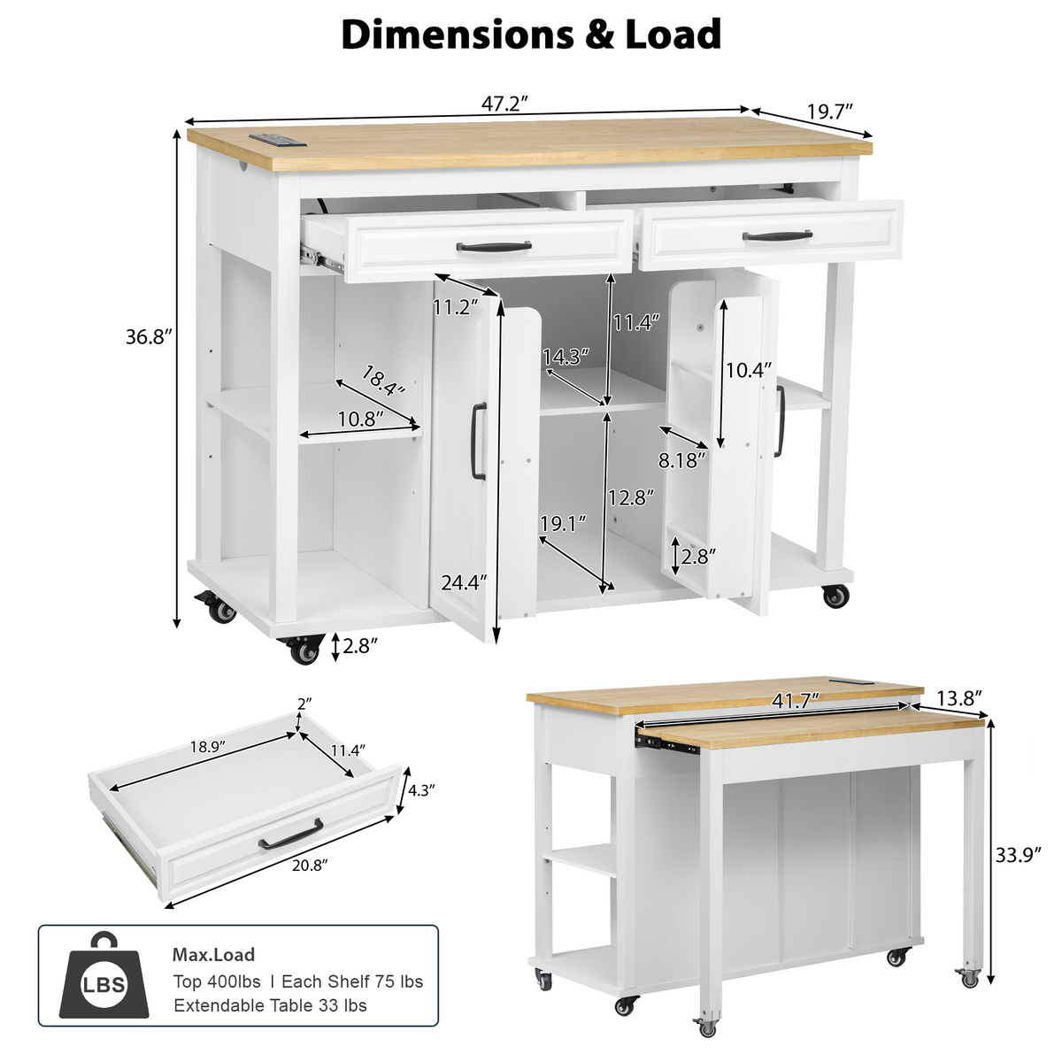 variant-group:rf-n707p215327w|Roomfitters 47" Kitchen Island with Extendable Dining Table, Storage Cabinet, Power Outlet, Rubber Wood Veneer, White