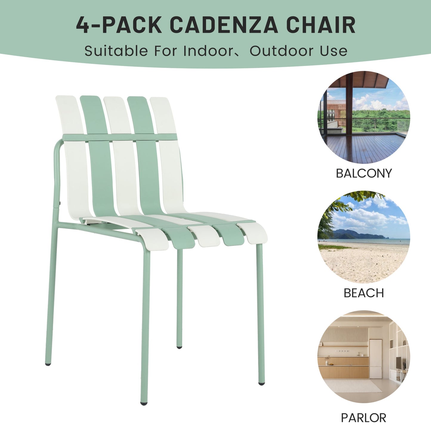 Summer- 4-Pack Modern Striped Color Block Chairs - Waterproof PP Seat & Sturdy Metal Legs, Indoor/Outdoor Dining Set for Patio, Balcony, Café (White & Green) Roomfitters