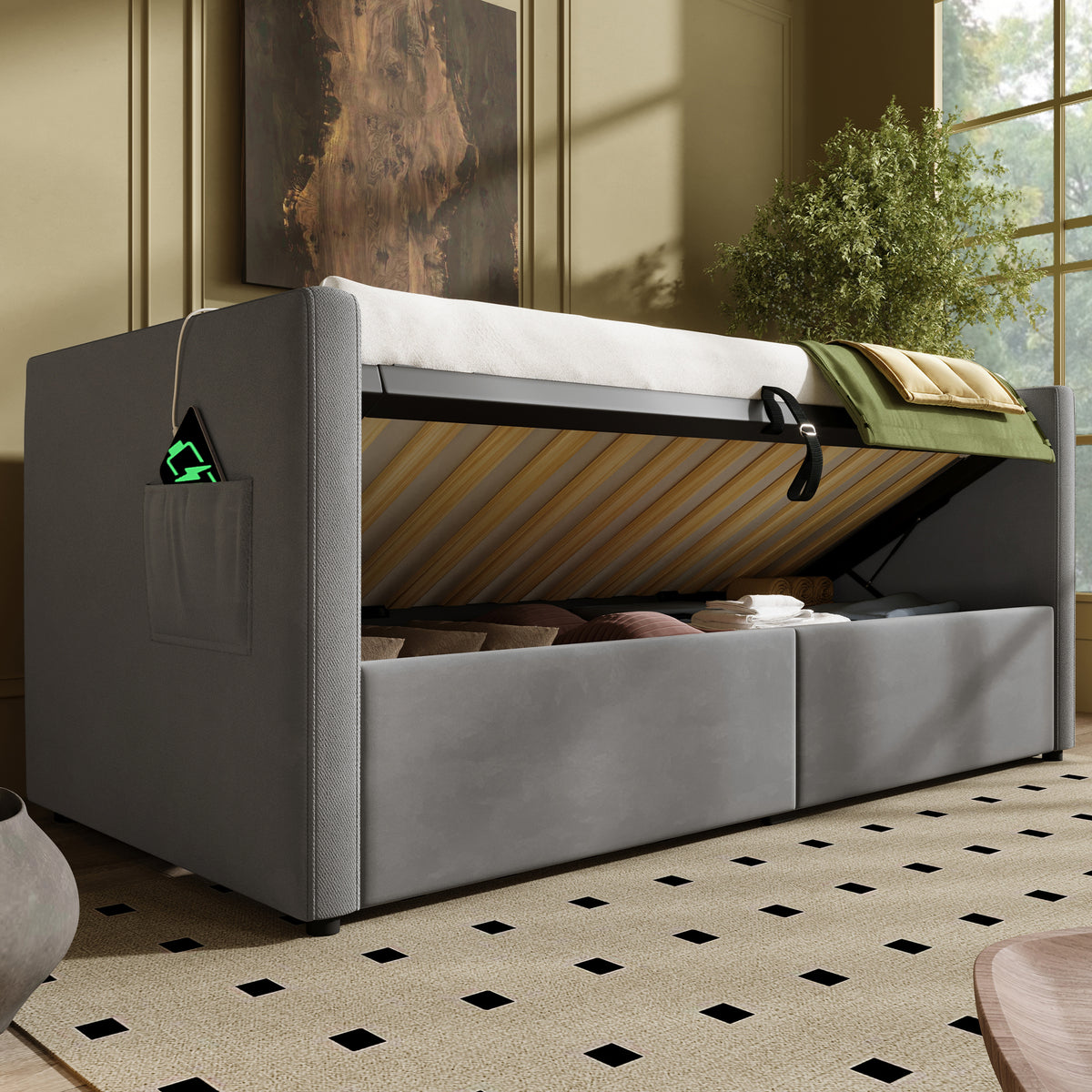 variant-group:rf-n736p303402g|Roomfitters Upholstered Twin Size Daybed with Storage, USB & Type-C Charging, Tufted Sofa Back, Velvet Gray