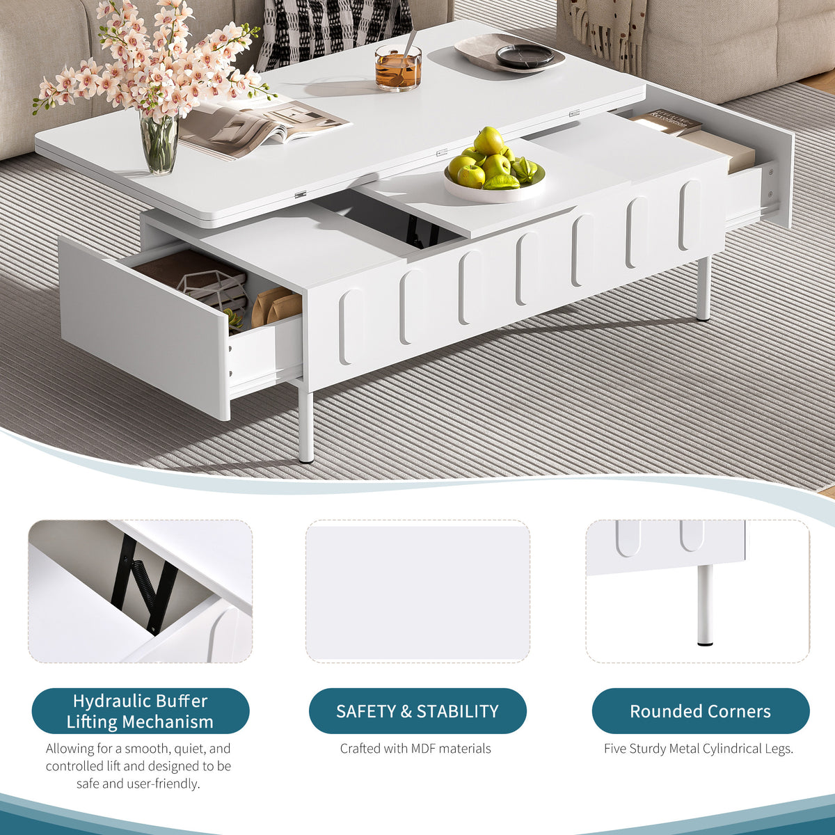 variant-group:rf-n724p292514k|Roomfitters Lift-Top Coffee Table with 2 Drawers and Foldable Top, Hidden Storage Compartment, Adjustable Center Table, White