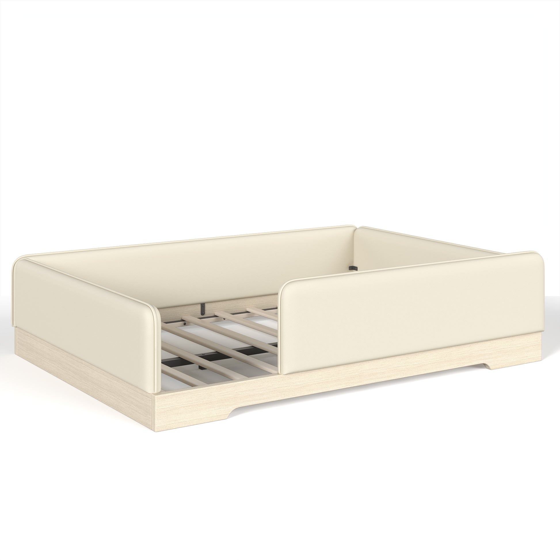 variant-group:rf-w1580s00673|Roomfitters Queen Size Upholstered Floor Bed Frame with Removable Guardrails, Faux Leather Low Profile Platform, Beige