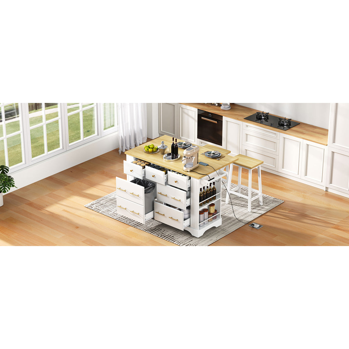 variant-group:rf-n707s307292w|Roomfitters 51" Kitchen Island with Power Outlet and Drop Leaf, Rolling Cabinet with Pull-Out Trash Can Drawer, White