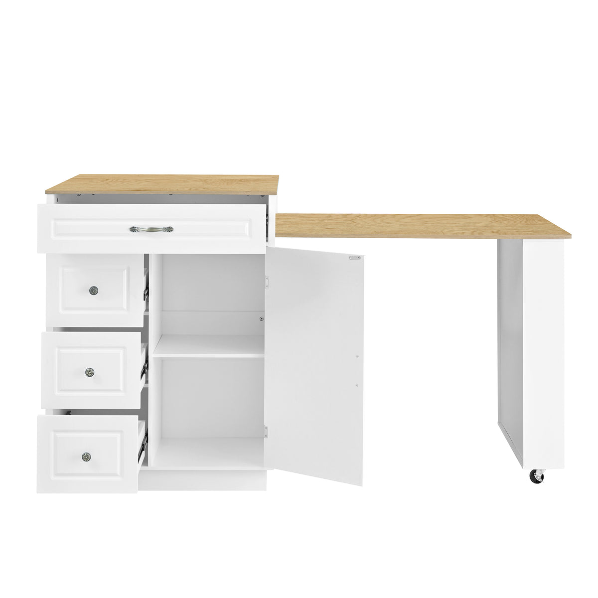 variant-group:rf-n711wy000493aak|Roomfitters White and Natural Wood MDF Extendable Bar Cabinet, Rolling Kitchen Island Table, Wine Rack Storage