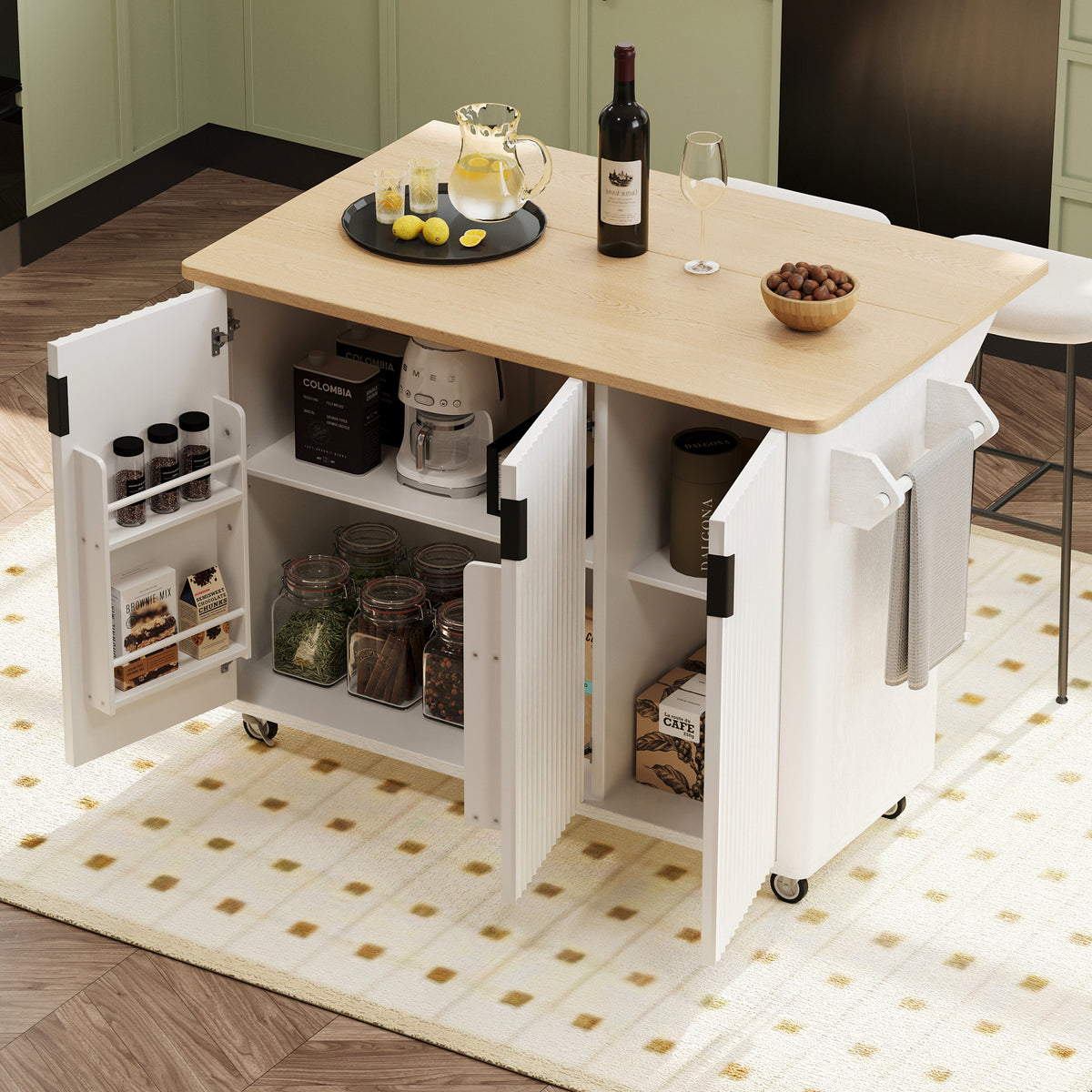 variant-group:rf-n707p221446w|Roomfitters 51" Fluted Kitchen Island with Drop Leaf, Rolling Cart with Storage Rack, Farmhouse Style, Towel Rack, White