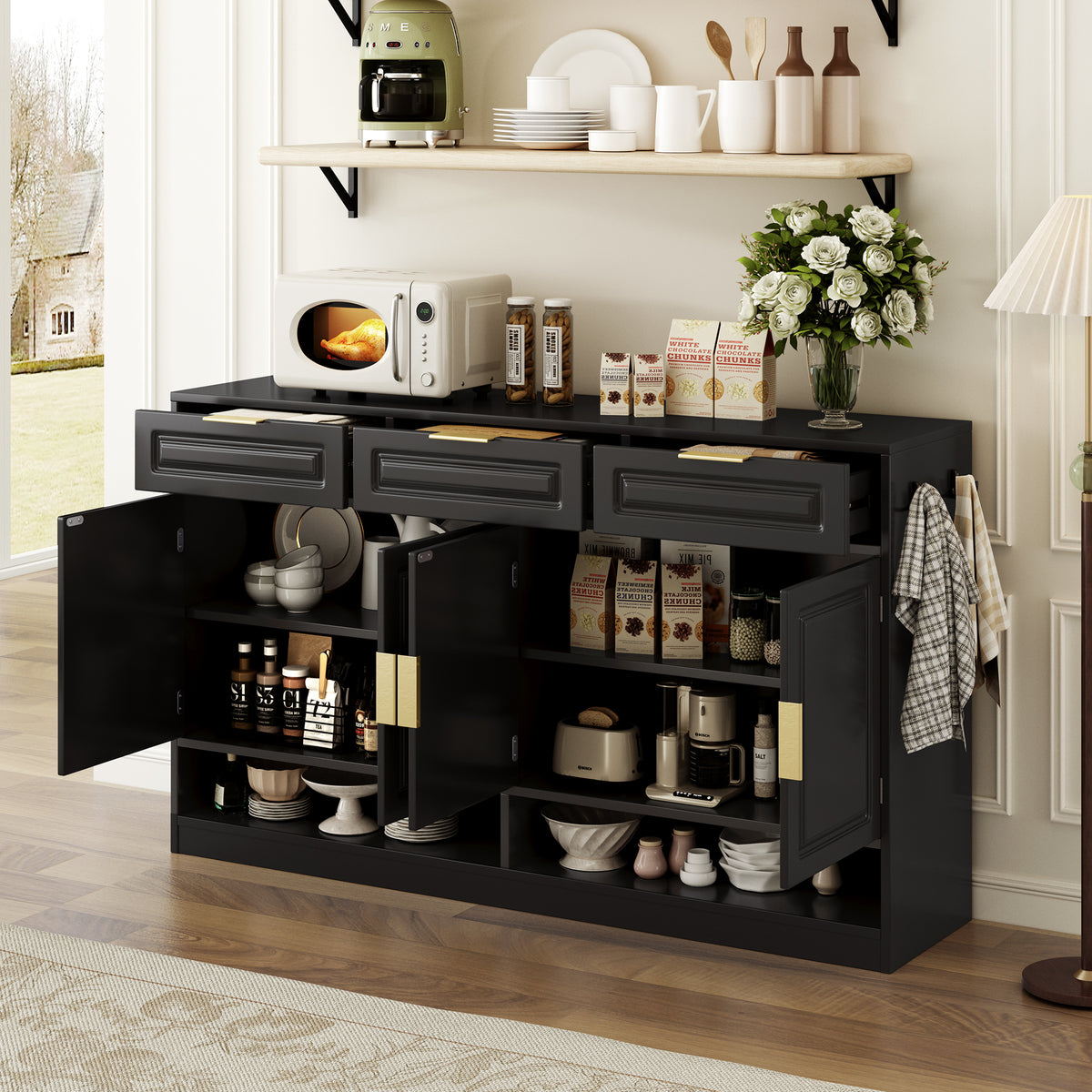 variant-group:rf-n711p345213b|Roomfitters 59.1" Farmhouse Sideboard Buffet Cabinet with 3 Drawers and 4 Doors, Kitchen Storage with Open Shelf, Black