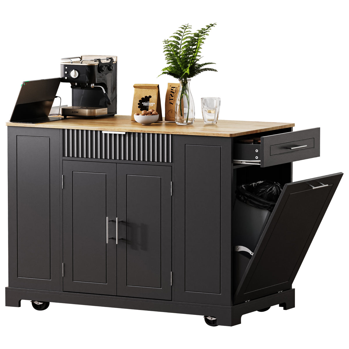 variant-group:rf-n707s221571b|Roomfitters Kitchen Island with Tilt Out Trash Can and Power Outlet, Fluted Storage Cabinet on Wheels, Black