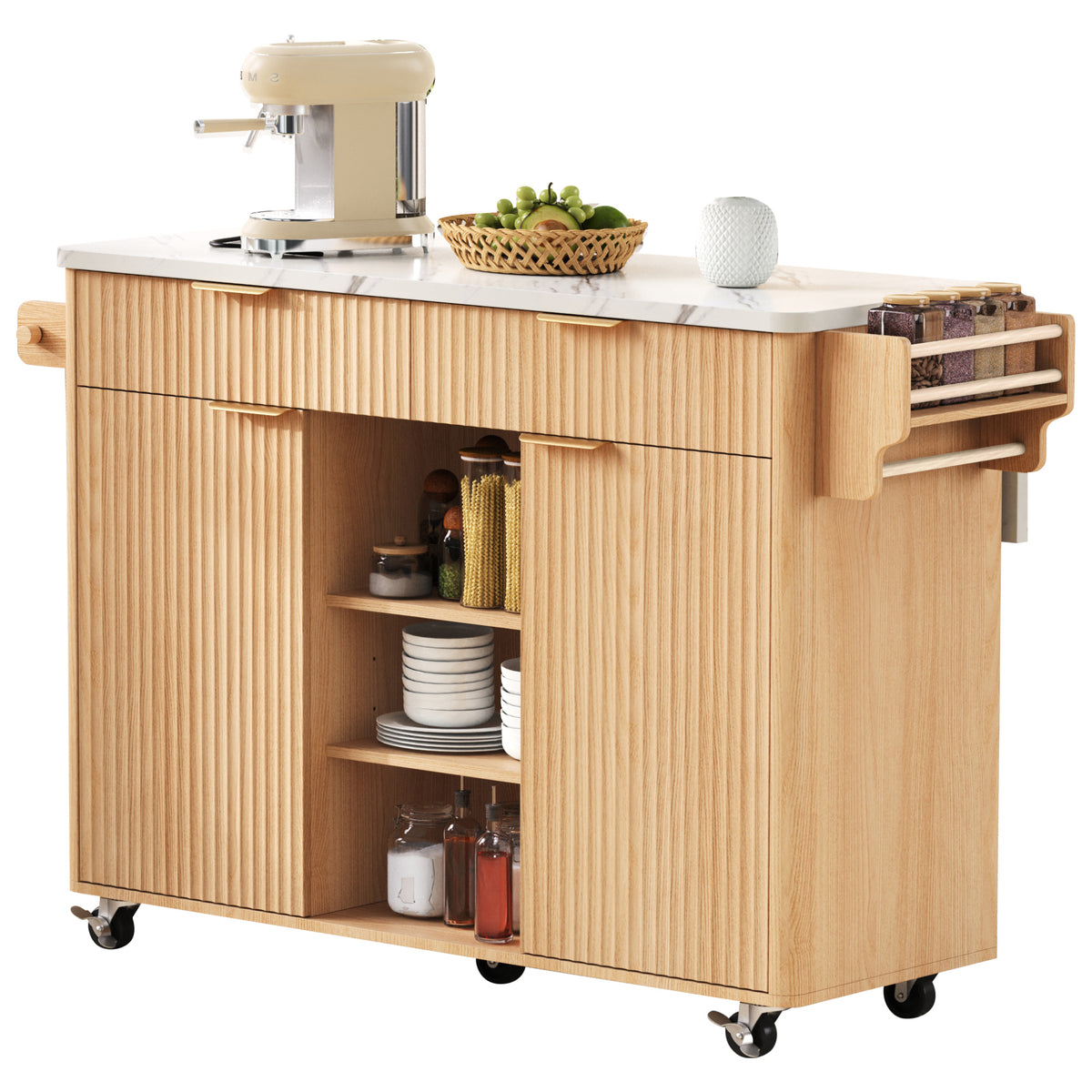 variant-group:rf-n707s000019y|Roomfitters 52" Fluted Kitchen Island with Drop Leaf, Power Outlet & Faux Marble Top, Natural