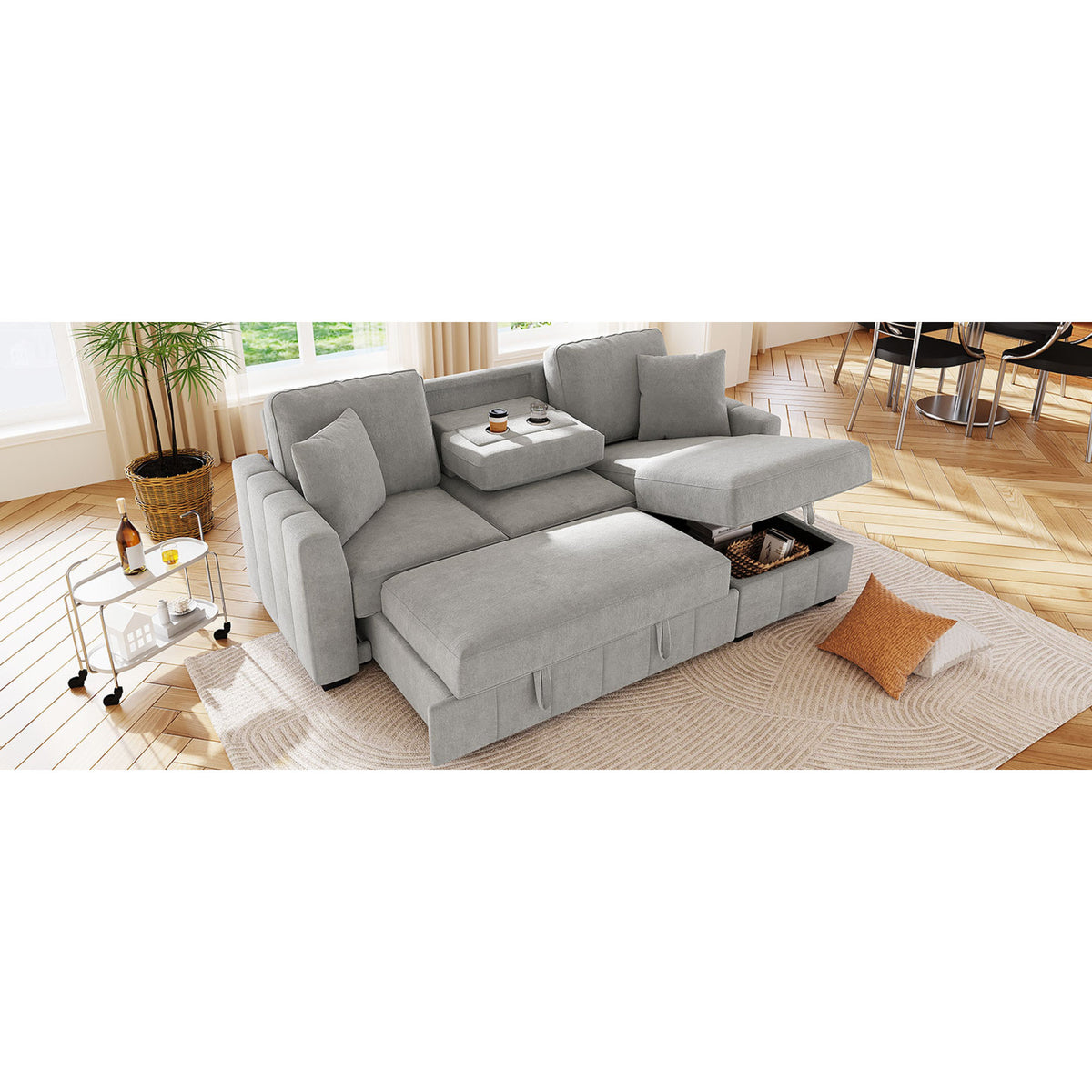 variant-group:rf-n711wy000467aae|Roomfitters 90" L-Shaped Sectional Sleeper Sofa with Storage Chaise and Pull Out Bed, Fold Down Cup Holder Table, Grey