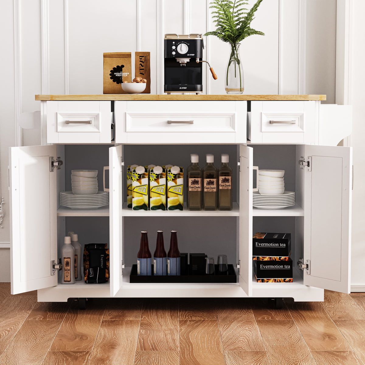 variant-group:rf-n707s195395w|Roomfitters 54" Kitchen Island with Wood Top, Rolling Storage Cabinet with 3 Drawers and 3 Doors, Spice Rack, White