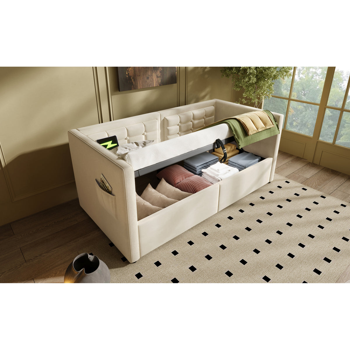 variant-group:rf-n736p303402b|Roomfitters Upholstered Twin Size Daybed with Storage, USB & Type-C Charging, Tufted Sofa Back, Velvet Beige