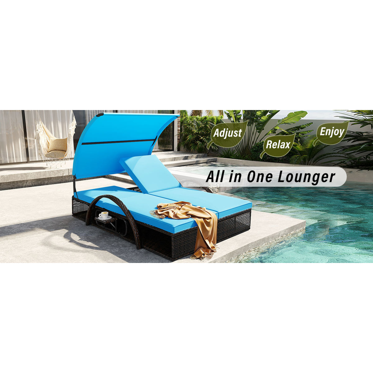 variant-group:rf-n711wy000485aac|Roomfitters Blue HDPE Wicker Outdoor Double Sunbed, Steel Frame Patio Chaise, Hidden Side Tables, Canopy Shade