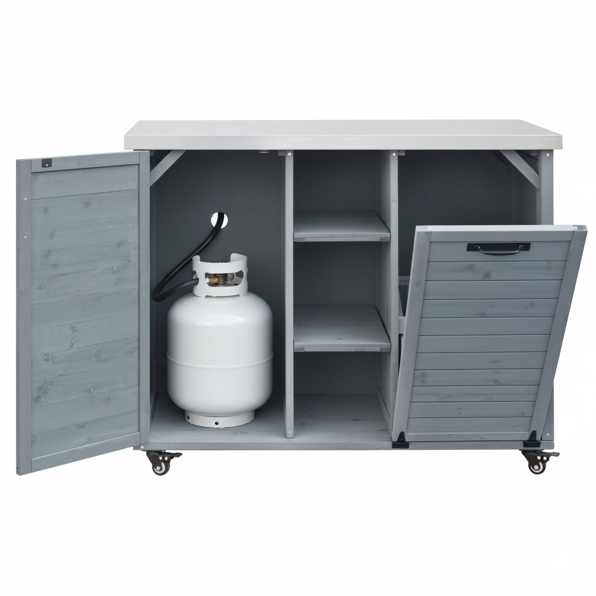 variant-group:rf-n707p370276g|Roomfitters 78.3" Outdoor Kitchen Island with Foldable Grill Table, Stainless Steel Top & Tilt Trash Can Storage, Grey Blue