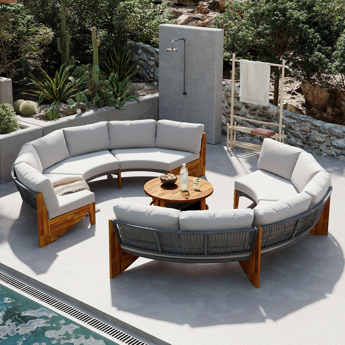 variant-group:rf-n711wy000468aae|Roomfitters 3-Piece Outdoor Sofa Set for 6, Half-Moon Patio Conversation Set, Grey Cushions, Rope Woven Steel Sectional