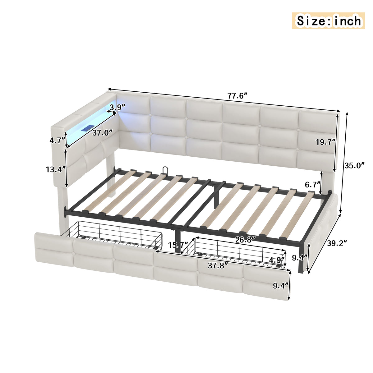 variant-group:rf-n733p285121a|Roomfitters Upholstered Twin Size Daybed with Storage Drawers and Charging Station, Bed Frame with Storage Headboard, No Box Spring Needed, Beige