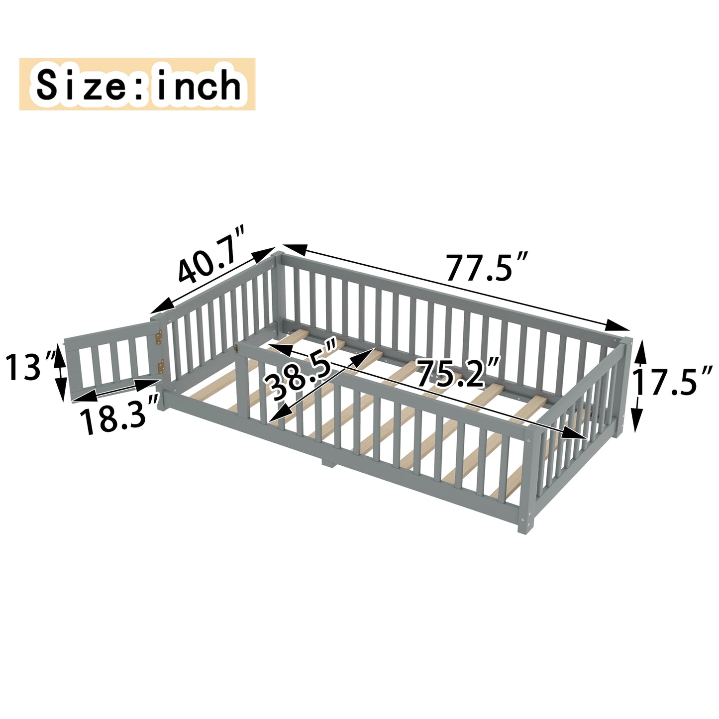 variant-group:rf-w1580p338948|Roomfitters Wooden Twin Floor Bed Frame with Door & Safety Guardrails, Low Platform Design for Bedroom or Playroom, Gray