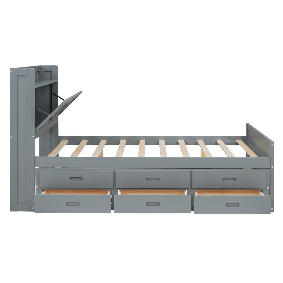 variant-group:rf-n733s172712e|Roomfitters Full Size Wooden Bed with Storage Headboard, Built-In Outlets, Extendable Design with Twin Trundle and Practical Storage, Gray