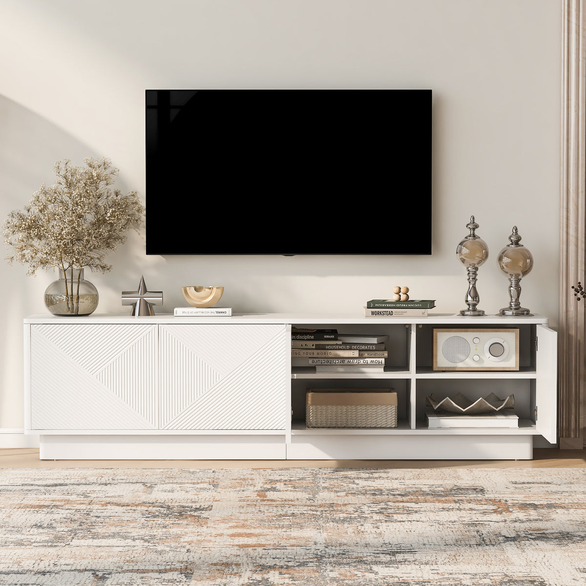 variant-group:rf-n724p426846k|Roomfitters Stylish 4-Door Wave Design TV Console with 16-Color USB LED Light, White