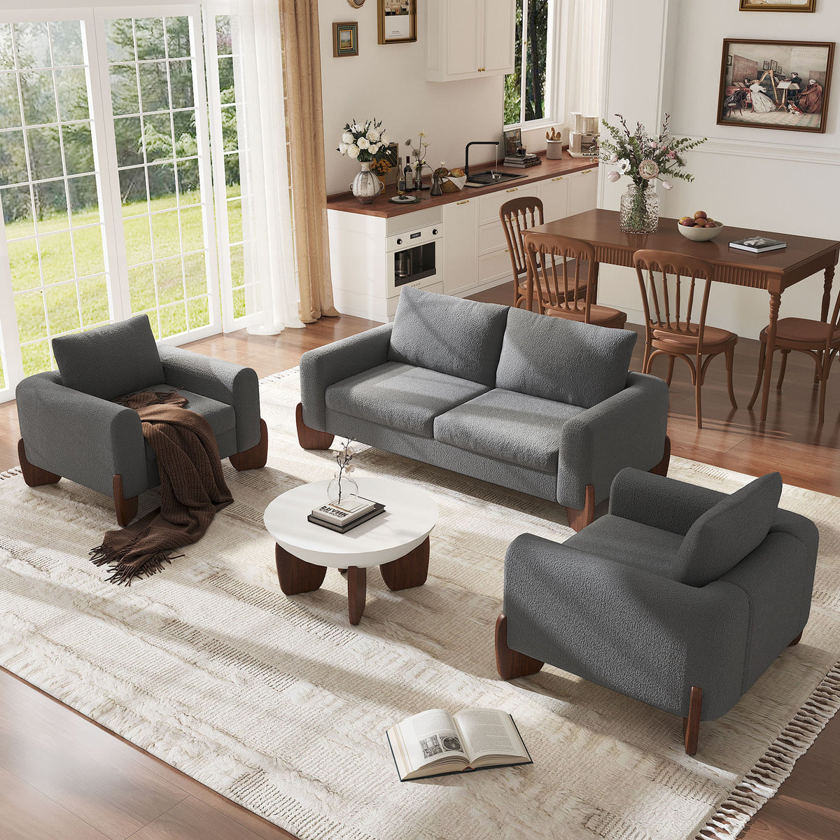 variant-group:rf-n711wy000479aae|Roomfitters Modern 3-Piece Living Room Sofa Set, Bouclé Fabric Loveseat and 2 Armchairs Pack, Grey Pinewood Lounge
