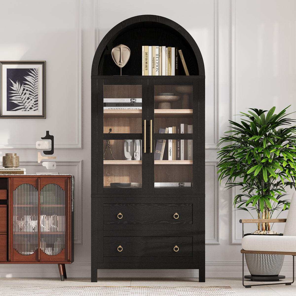 variant-group:rf-n707p288972b|Roomfitters 71" Pantry Cabinet with Arched Top and Glass Doors, 2 Storage Drawers and Adjustable Shelves for Kitchen, Black