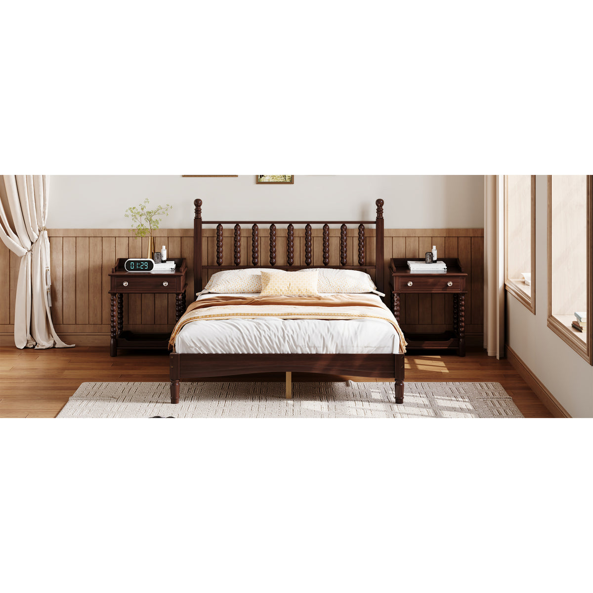 variant-group:rf-n733p338317d|Roomfitters Full Wood Platform Bed, Retro Gourd Spindle Headboard with Solid Slat Support, Walnut