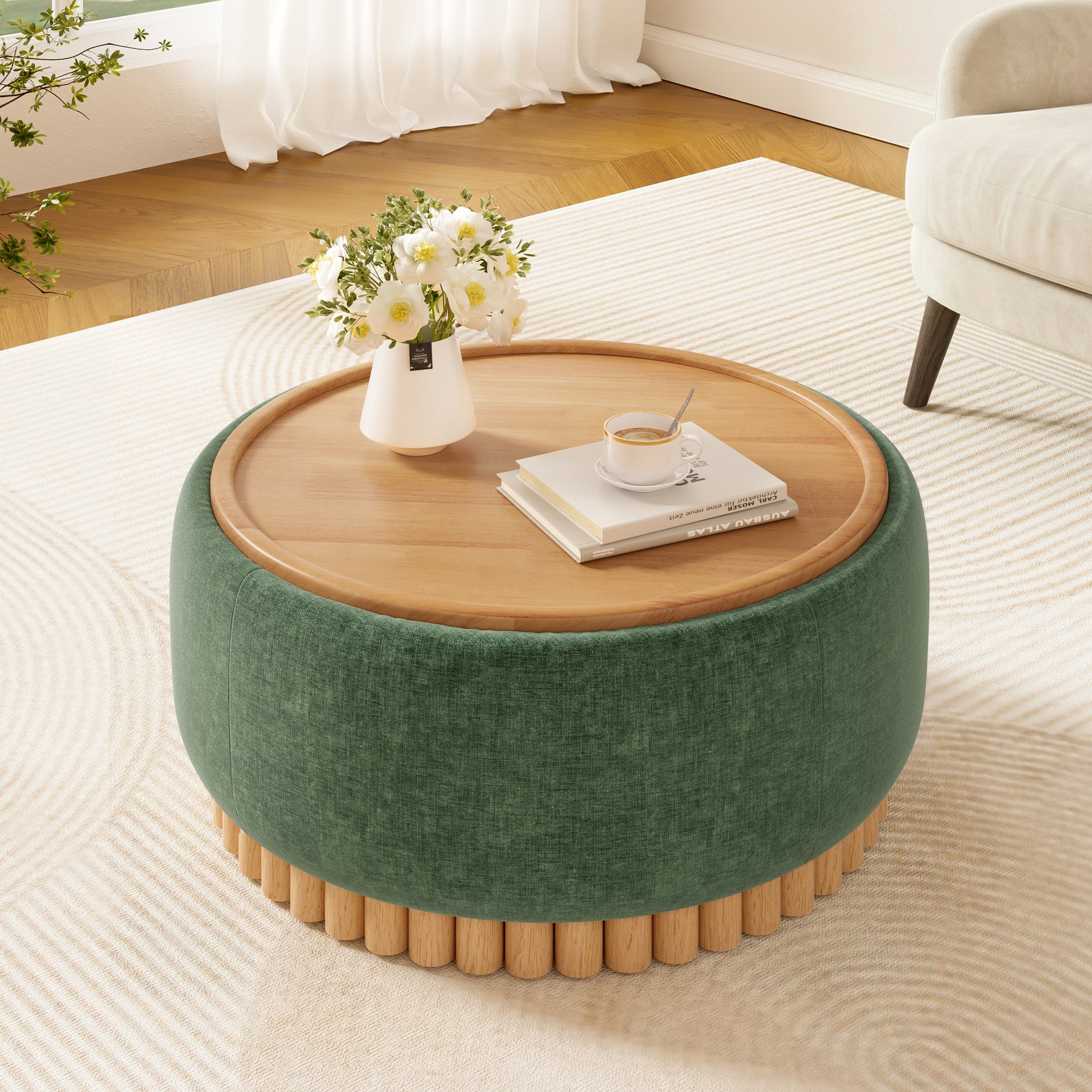 variant-group:rf-n723p405304g|Roomfitters 29 Inch Round Storage Ottoman with Reversible Wooden Tray Top, Upholstered Coffee Table for Living Room, Green
