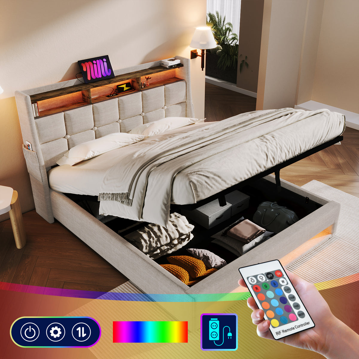 variant-group:rf-n736aa20690910b|Roomfitters Queen Size Upholstered Platform Bed with Storage System, USB Charging Ports, Natural