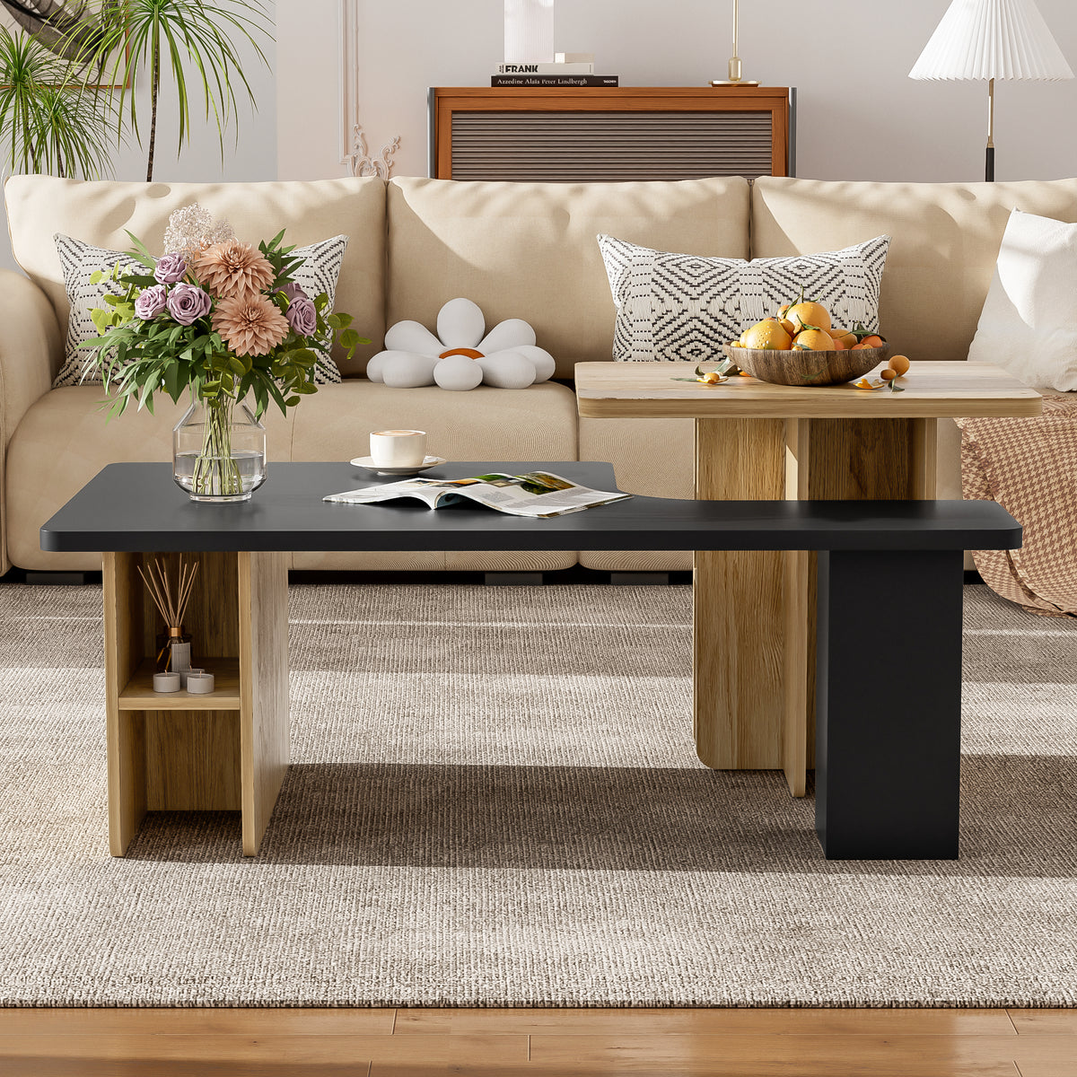 variant-group:rf-n724p294661b|Roomfitters Farmhouse Nesting Coffee Table Set of 2, Rectangle Wood Finish Accent Tables for Living Room and Sofa Side, Black