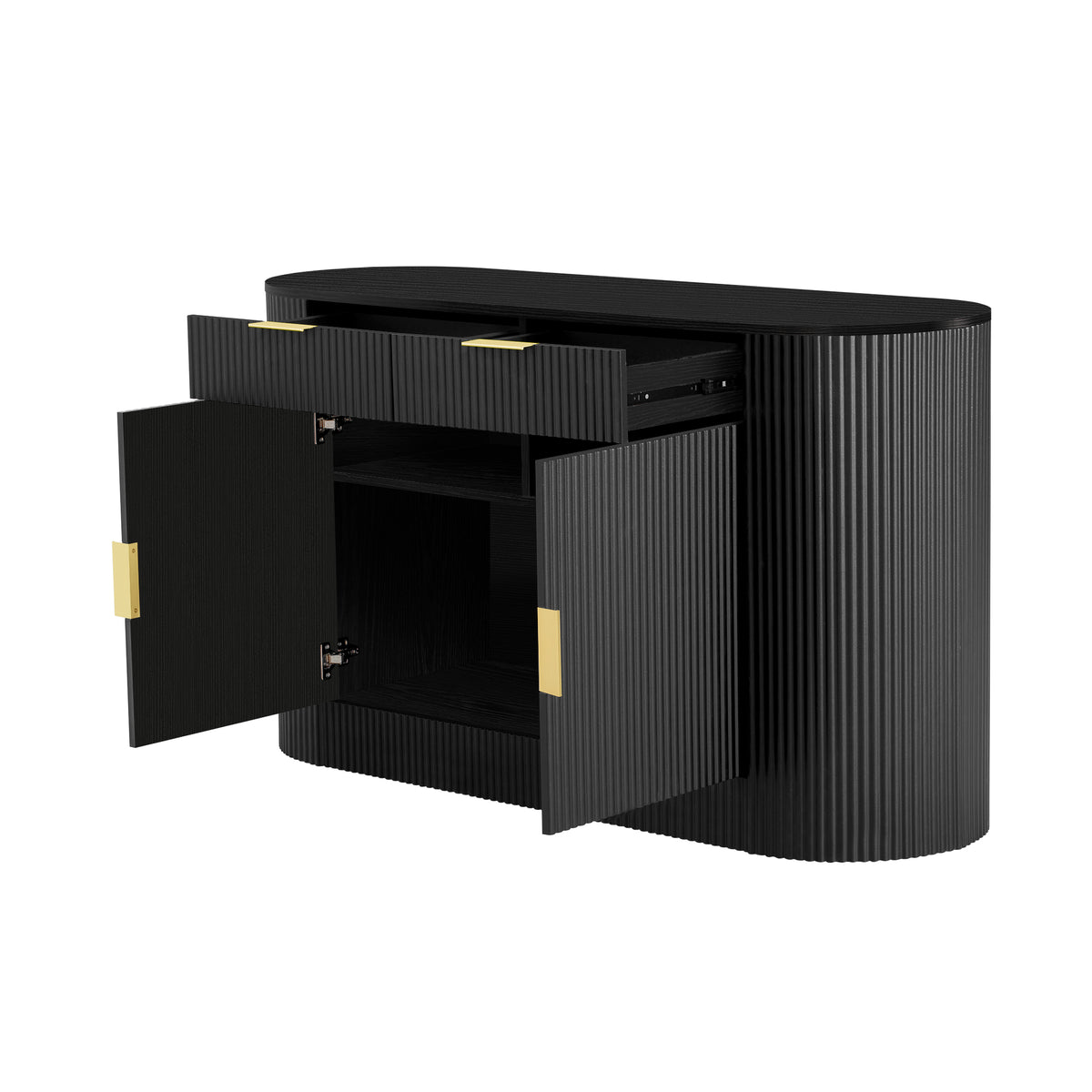 variant-group:rf-n711p345168b|Roomfitters 55.1" Oval Sideboard Buffet Cabinet with 2 Drawers & Wine Rack, Mid-century Modern Fluted Accent for Dining, Black