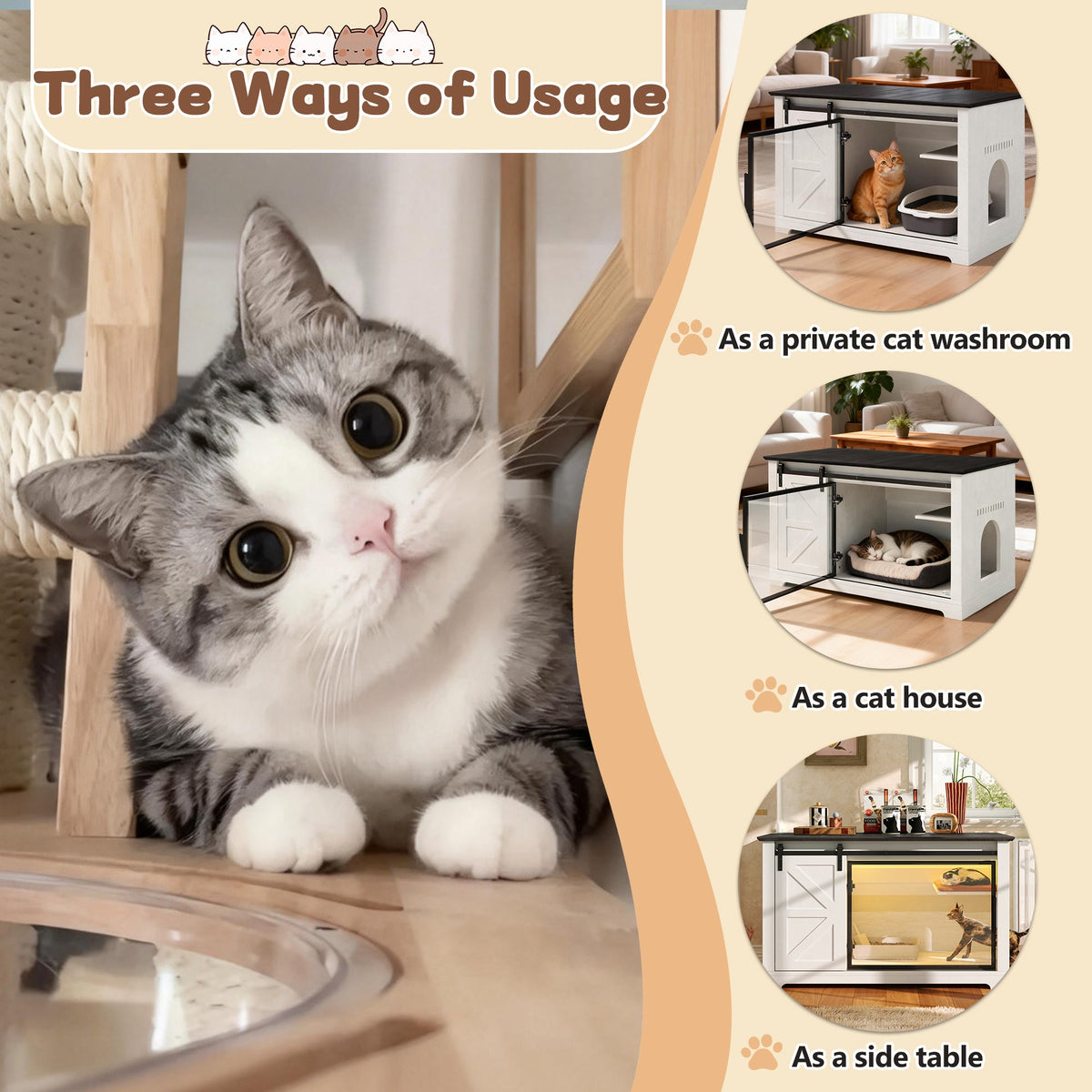 Roomfitters 46-Inch Farmhouse Cat Litter Box Enclosure Hidden Cabinet Nightstand with Sliding Barn Door White Roomfitters