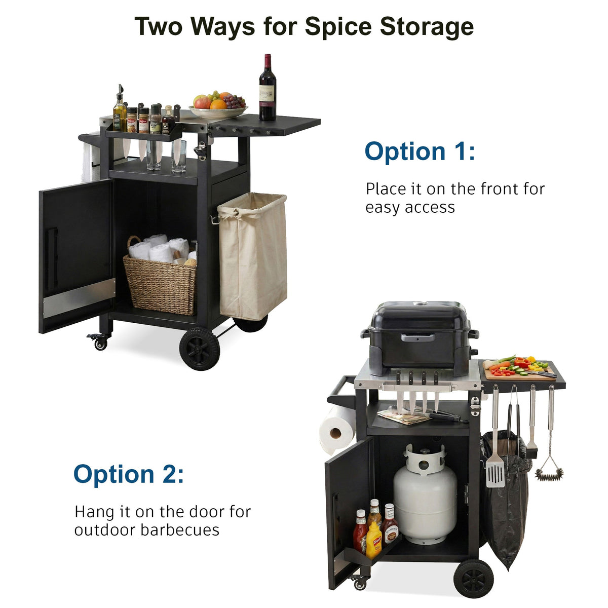 Roomfitters 33.9" Grill Cart with Stainless Steel Top, BBQ Prep Station with Spice Rack and Hamper Bag, Rolling Cart, Black