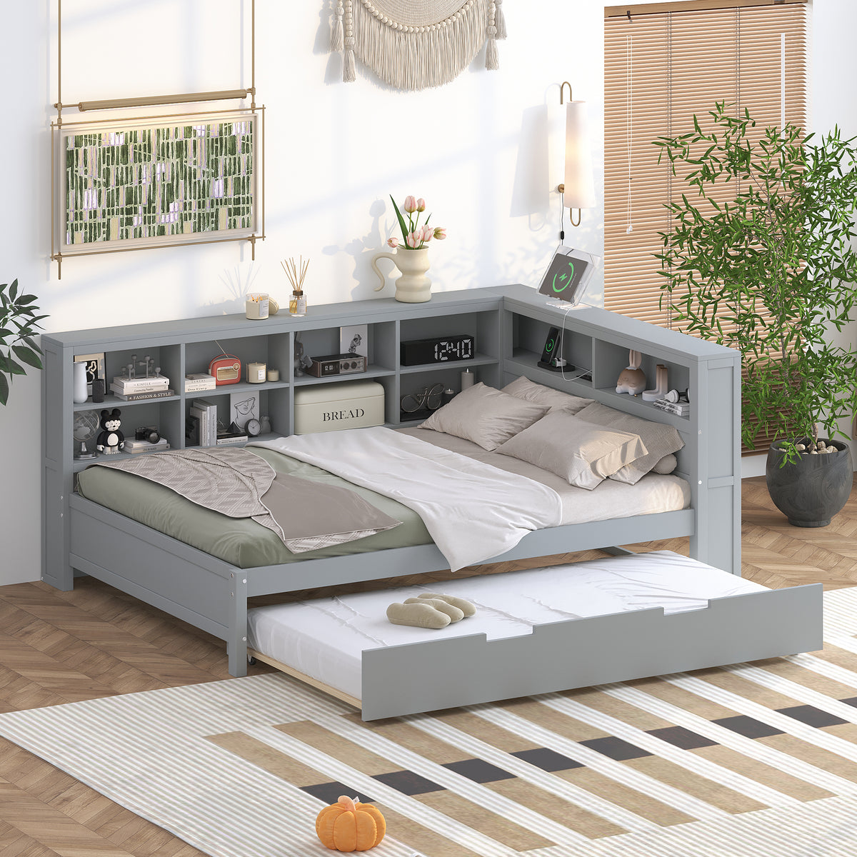 variant-group:rf-n733s347731e|Roomfitters Wooden Full Daybed with Twin Trundle, Storage Shelf & USB Charging Ports, Gray