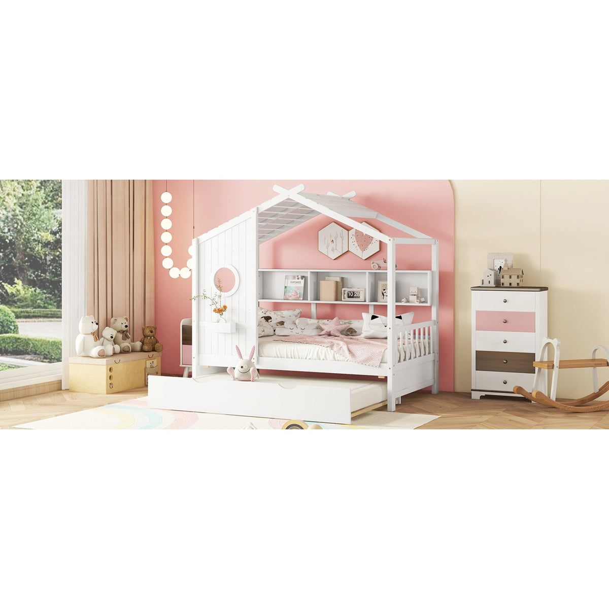 Roomfitters Wooden Twin Size House Bed with Trundle and Storage Shelf, White
