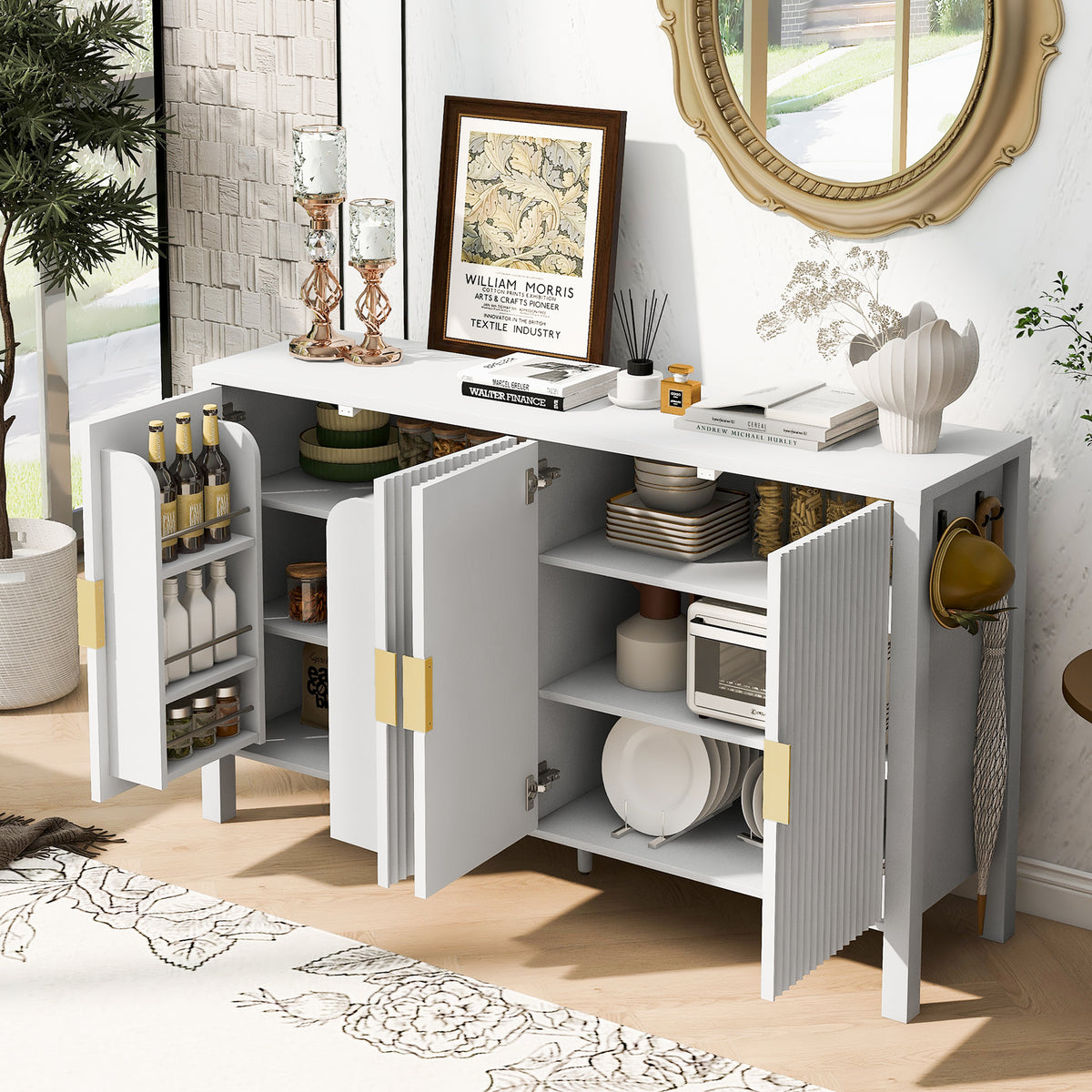 variant-group:rf-n711p345170k|Roomfitters 57.5" Sideboard Buffet Cabinet with 3 Door Mid-century Modern Fluted Storage for Kitchen & Dining Room, White