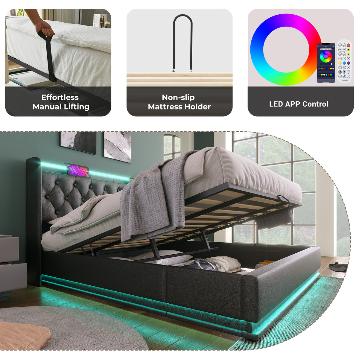 variant-group:rf-n736p188808b|Roomfitters King Size Upholstered Storage Bed with USB Type-C Charging and Remote Control, Faux Leather Black
