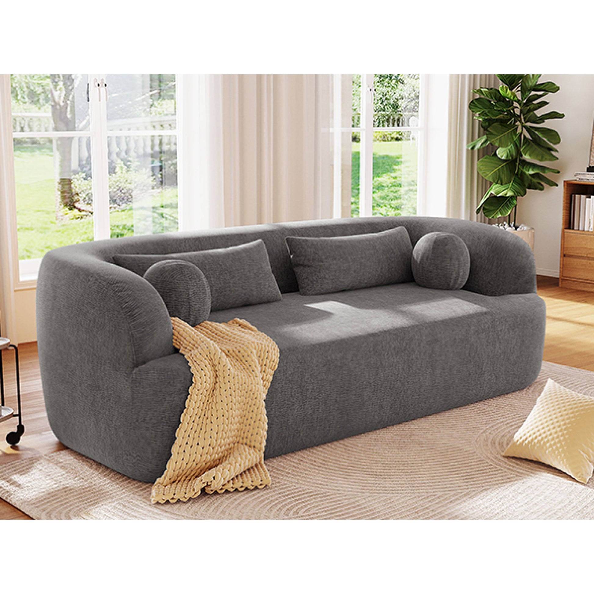 variant-group:rf-n723p404465e|Roomfitters 86 Inch Modern Curvy Sofa, 3-Seater Rounded Upholstered Couch with Plush Throw Pillows for Living Room, Gray
