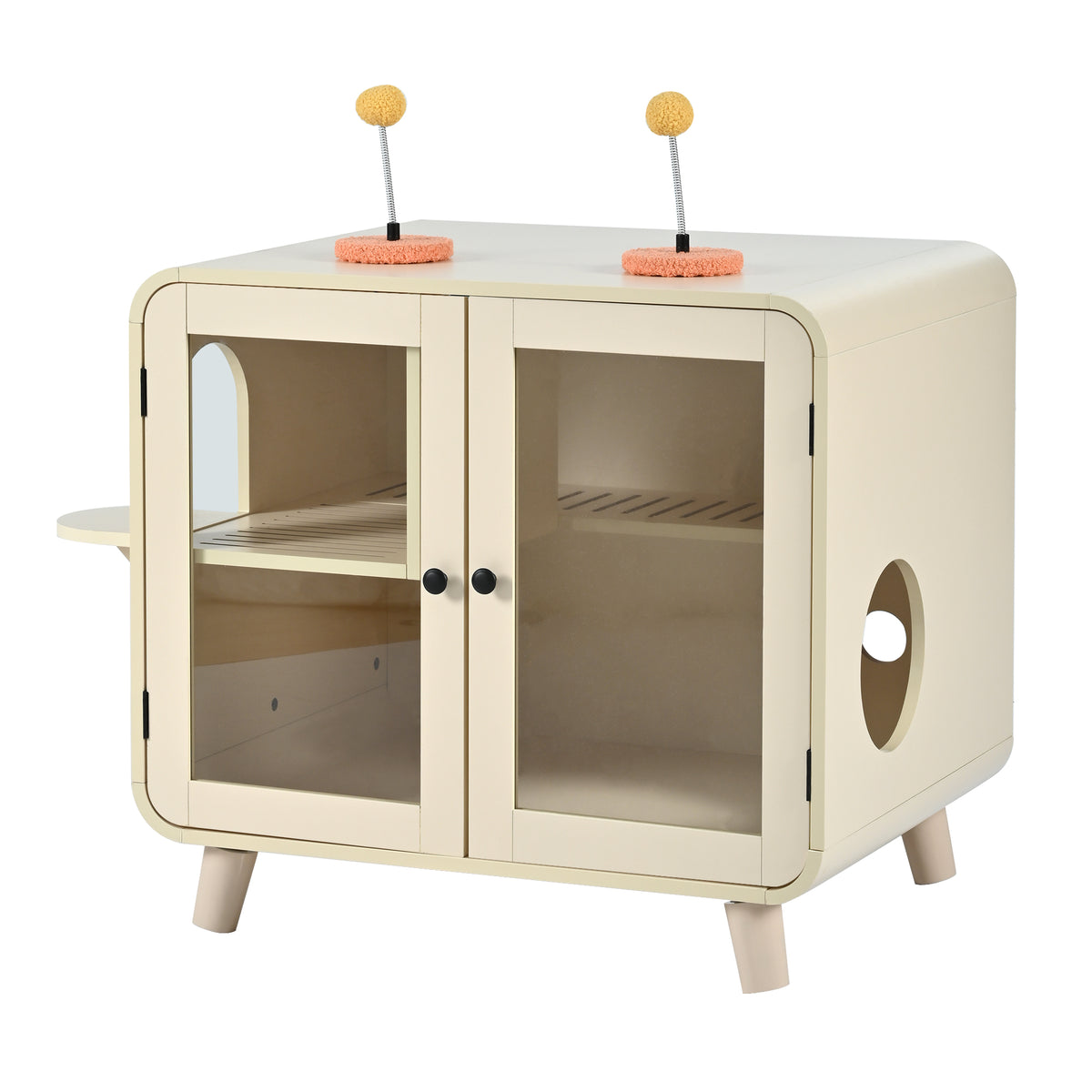 variant-group:rf-n704p419240a|Roomfitters Retro TV-Style Hidden Cat Litter Box Enclosure with App Controlled RGB LED Lights and Stairs Beige