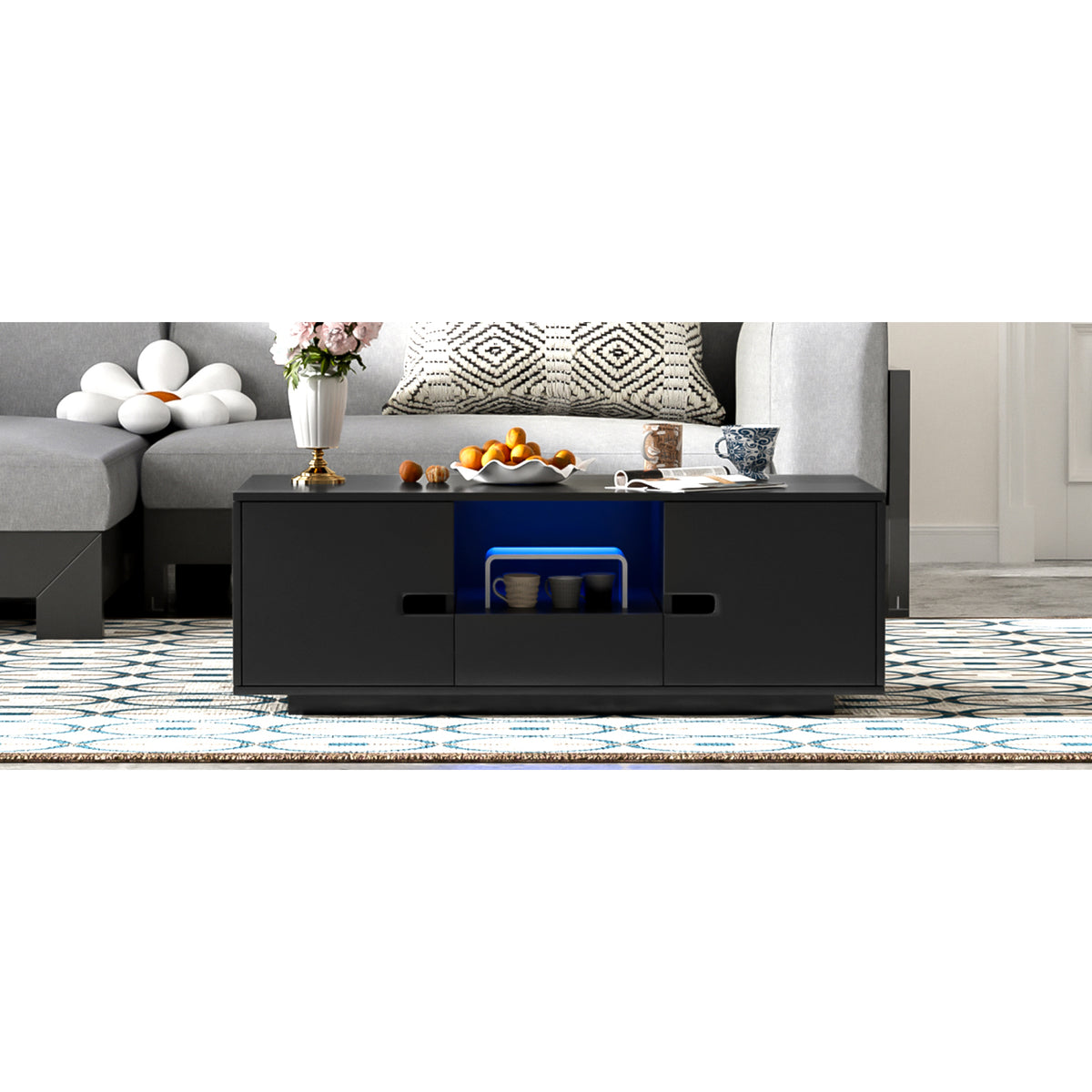 variant-group:rf-n724p294656b|Roomfitters Modern Glossy Coffee Table with Storage Space and Light Accent, Rectangle Center Table for Living Room, Black