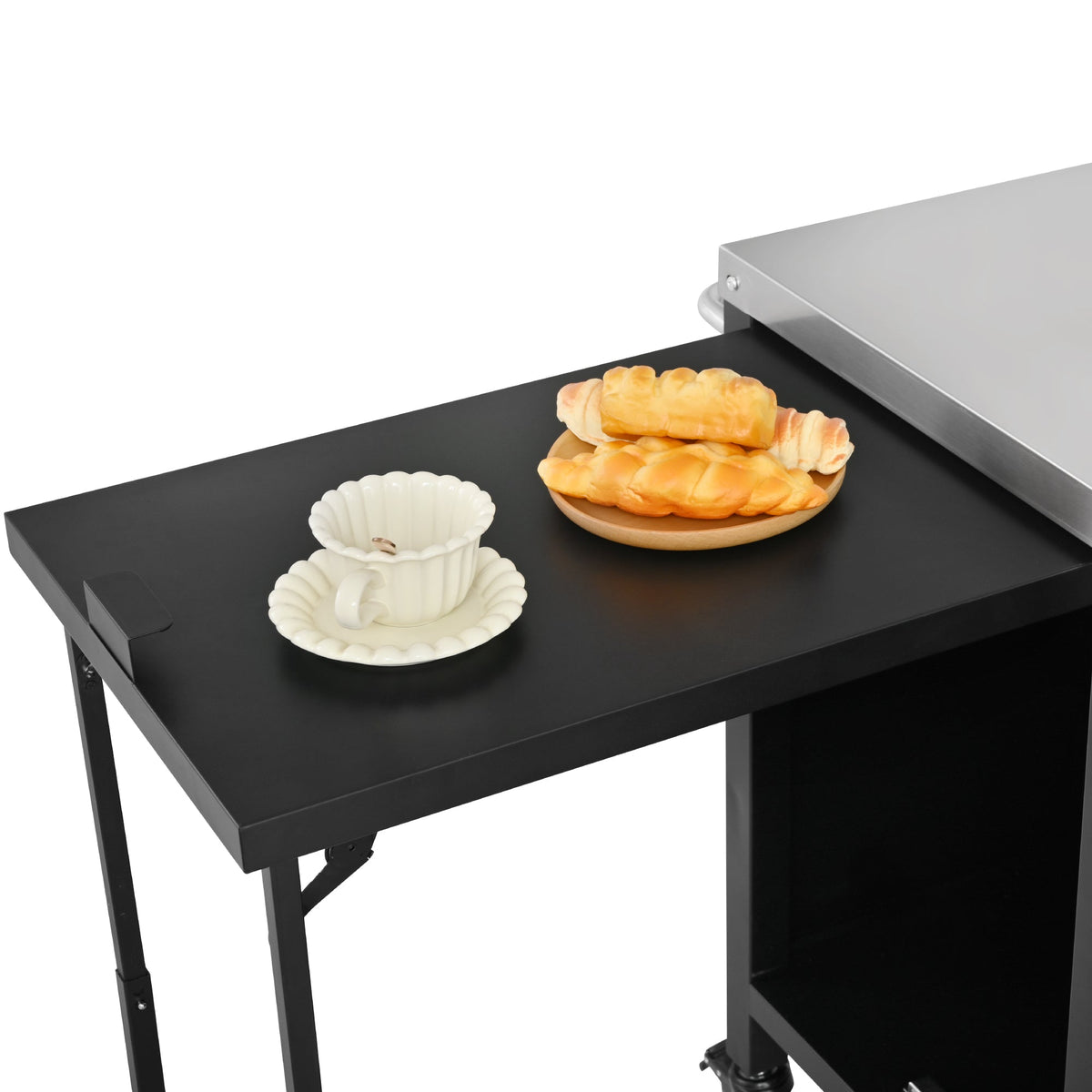 Roomfitters 72.4"W Extra Large Grill Cart, Outdoor Kitchen Prep Station with Stainless Steel Top and Folding Side Table, Black