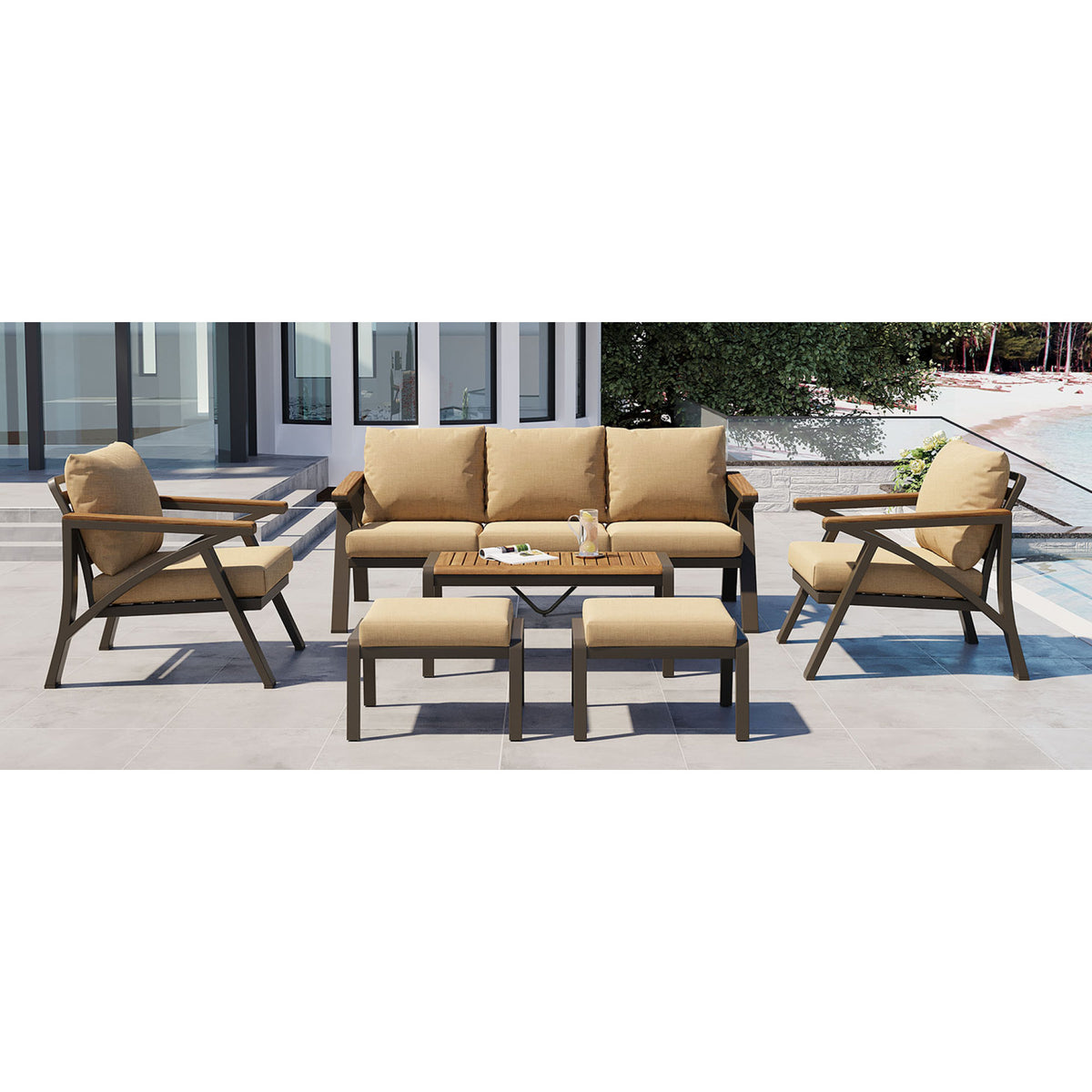 variant-group:rf-n704g201256d|Roomfitters 6-Piece Steel Conversation Set with 3-Seat Sofa Multi-Functional Ottomans and Acacia Wood Table Brown