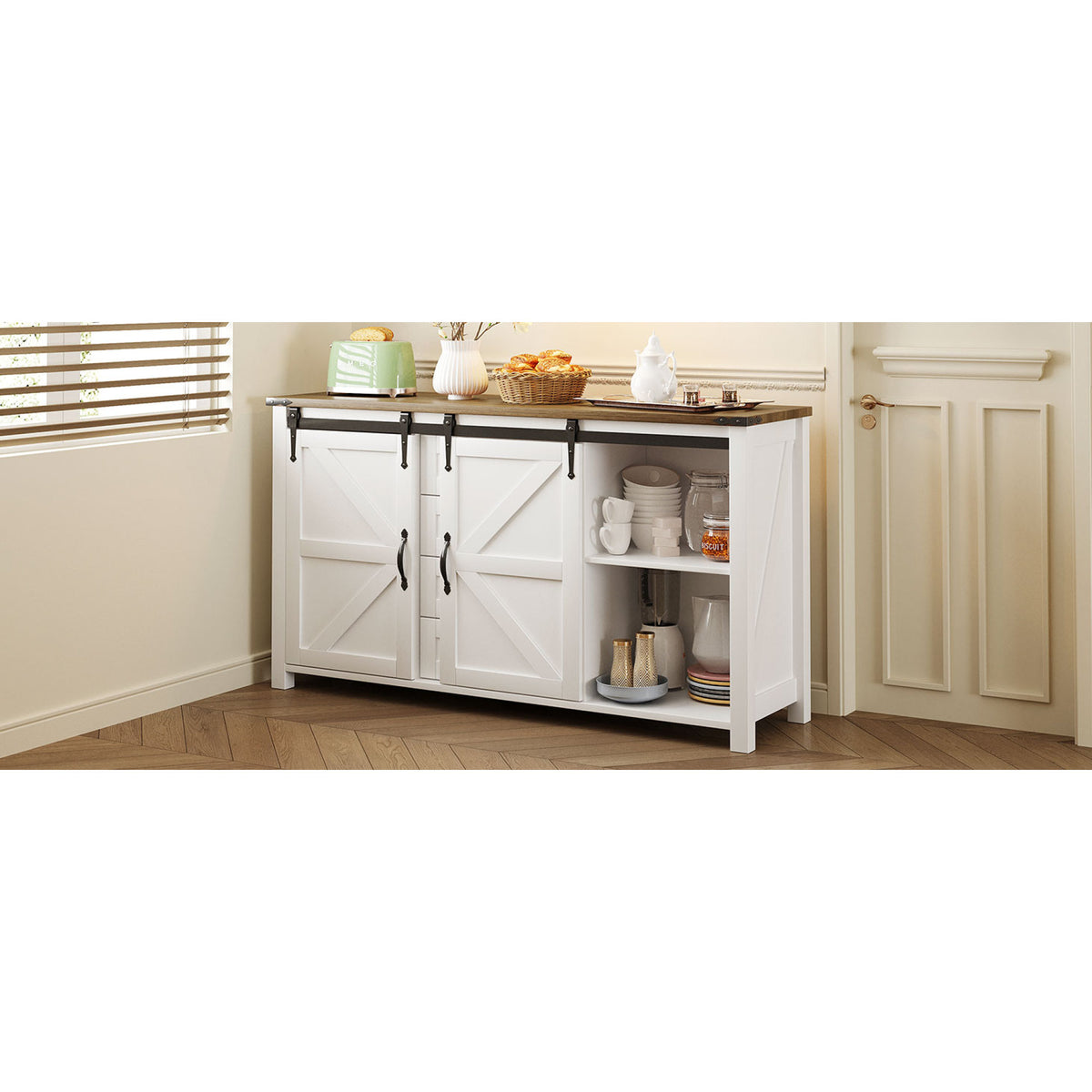 variant-group:rf-n711p347377k|Roomfitters 55.1" Storage Cabinet with 4 Drawers and Sliding Barn Doors, Farmhouse Sideboard Buffet for Kitchen & Dining, White