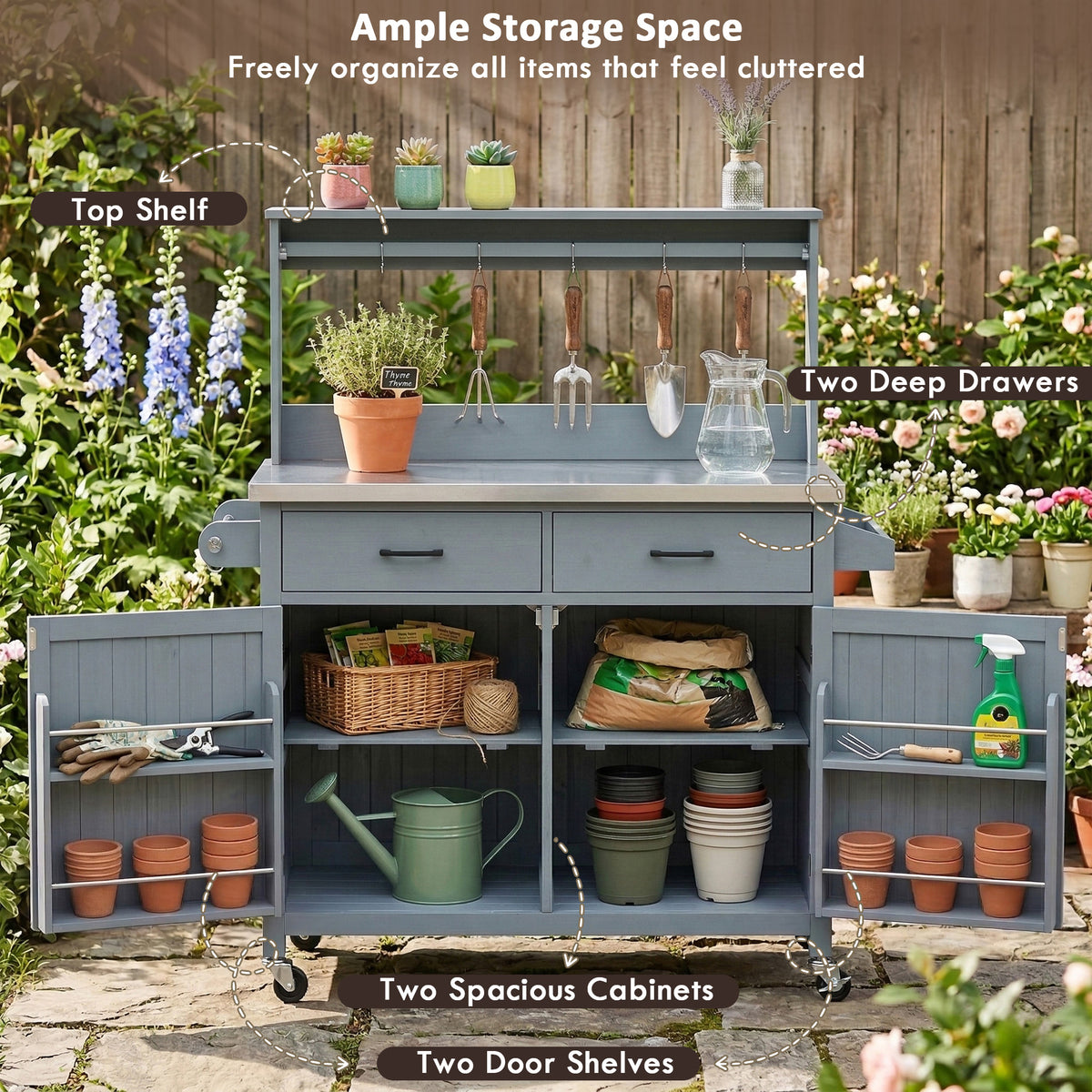 variant-group:rf-n707p409087g|Roomfitters 54.1" Grill Cart, Outdoor Kitchen Prep Station with Stainless Steel Top and Propane Tank Storage, Grey+Blue