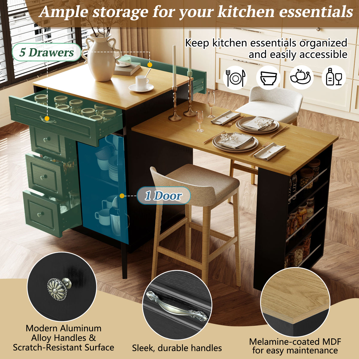 variant-group:rf-n711wy000493aab|Roomfitters Black and Natural Wood MDF Extendable Bar Cabinet, Rolling Kitchen Island Table, Wine Rack Storage