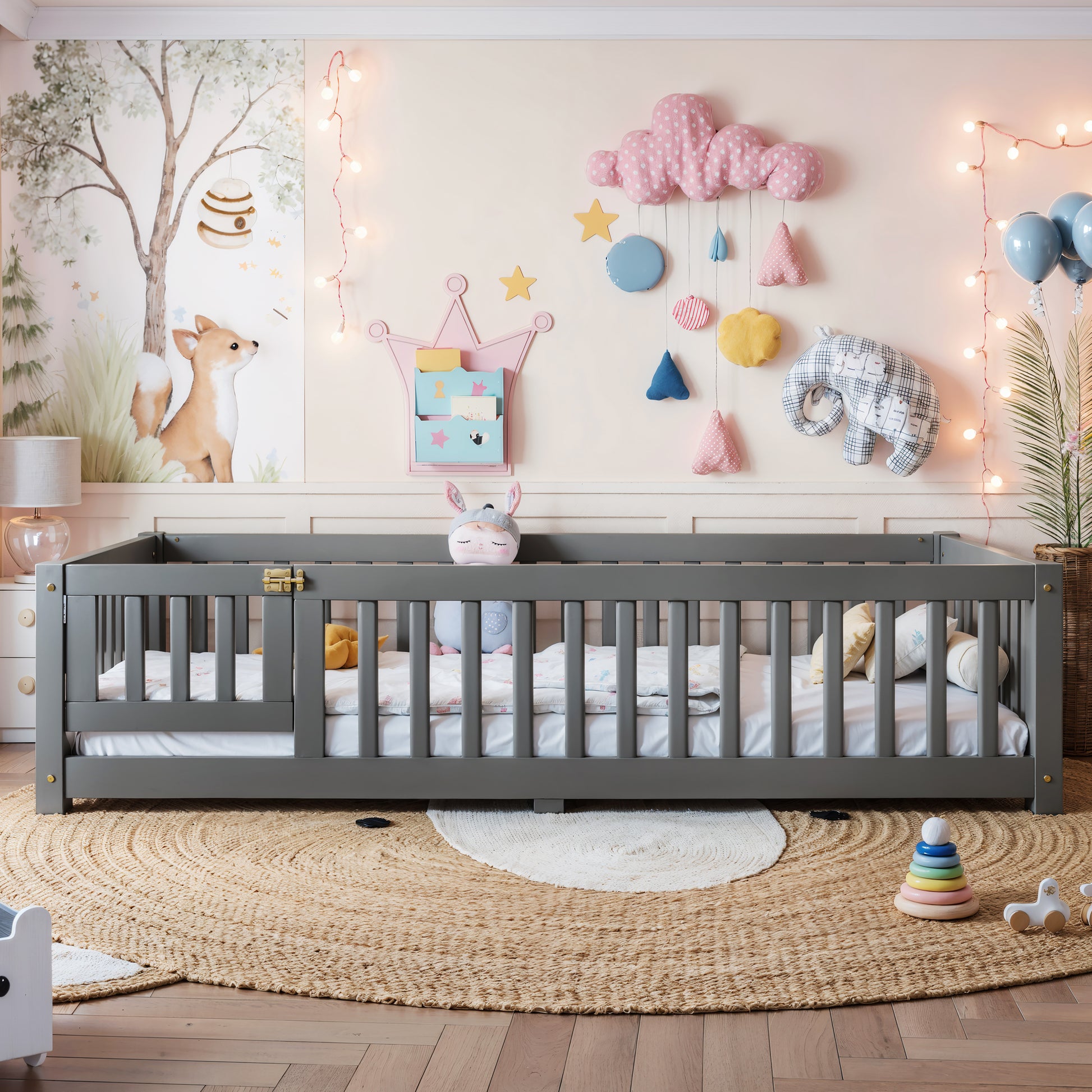 variant-group:rf-w1580p462312|Roomfitters Twin Size Wooden Floor Bed Frame with Safety Guardrails Door, Solid Wood Low Profile Toddler Play Bed, Gray